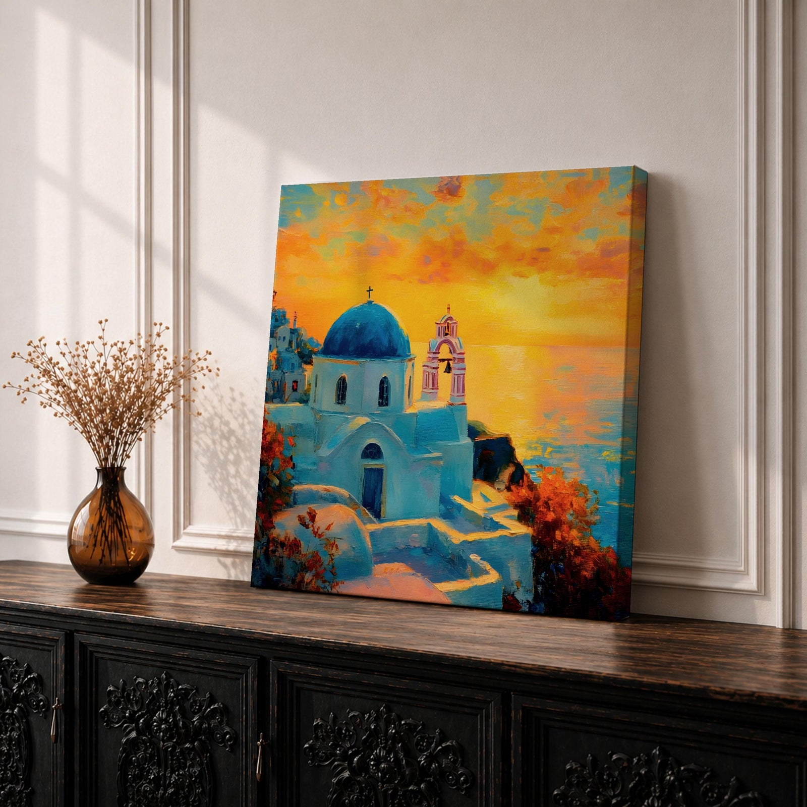 Santorini Wall Art Greek Island Framed Canvas Mediterranean Coastal Landscape Sunset Living Room Decor