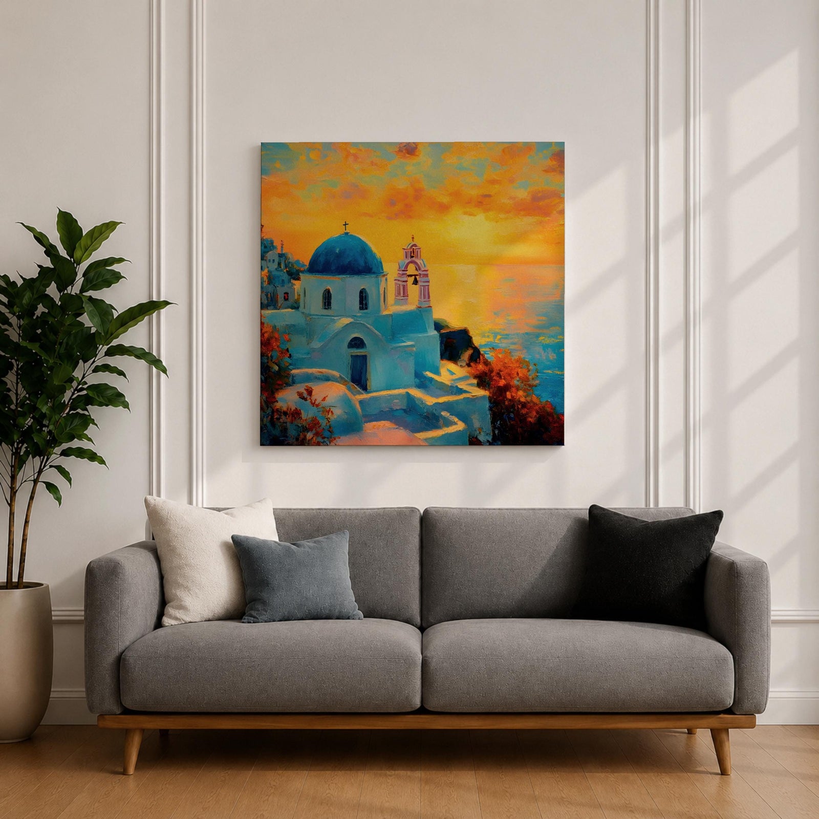 Santorini Wall Art Greek Island Framed Canvas Mediterranean Coastal Landscape Sunset Living Room Decor