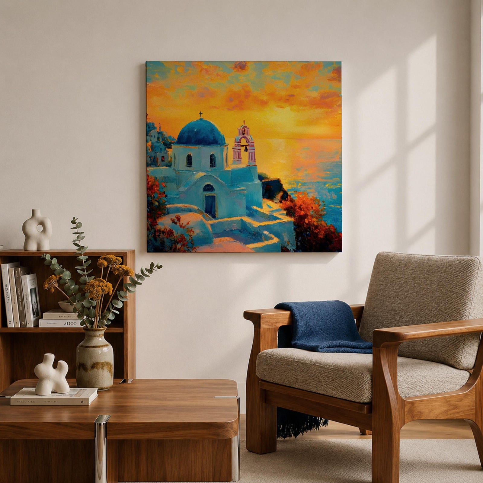 Santorini Wall Art Greek Island Framed Canvas Mediterranean Coastal Landscape Sunset Living Room Decor