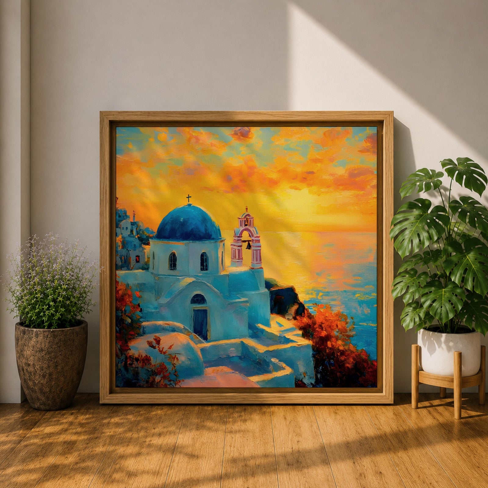 Santorini Wall Art Greek Island Framed Canvas Mediterranean Coastal Landscape Sunset Living Room Decor
