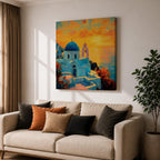 Santorini Wall Art Greek Island Framed Canvas Mediterranean Coastal Landscape Sunset Living Room Decor