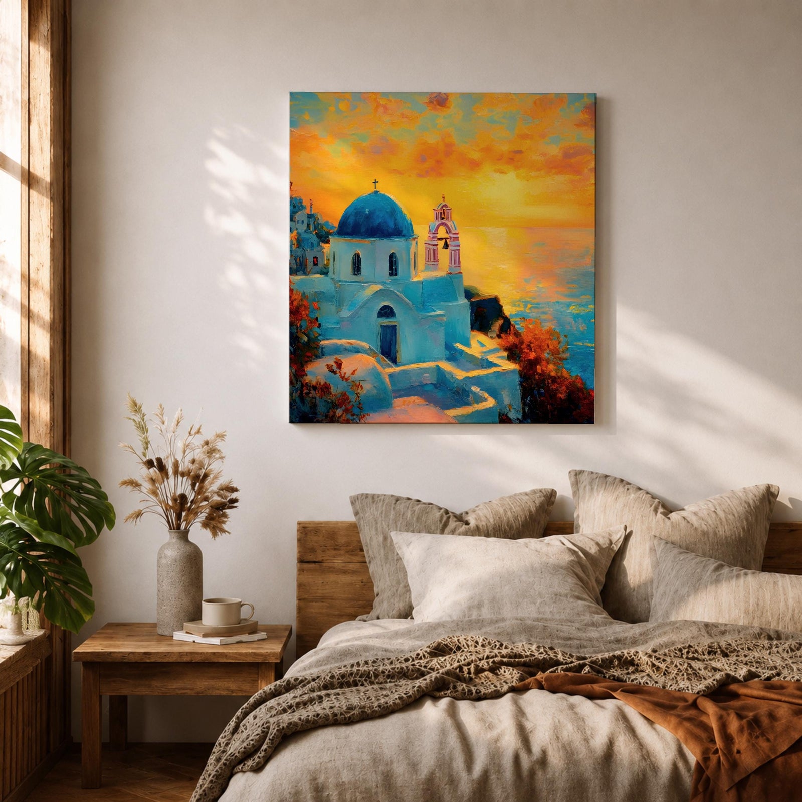 Santorini Wall Art Greek Island Framed Canvas Mediterranean Coastal Landscape Sunset Living Room Decor