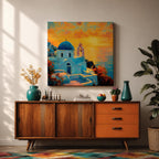 Santorini Wall Art Greek Island Framed Canvas Mediterranean Coastal Landscape Sunset Living Room Decor