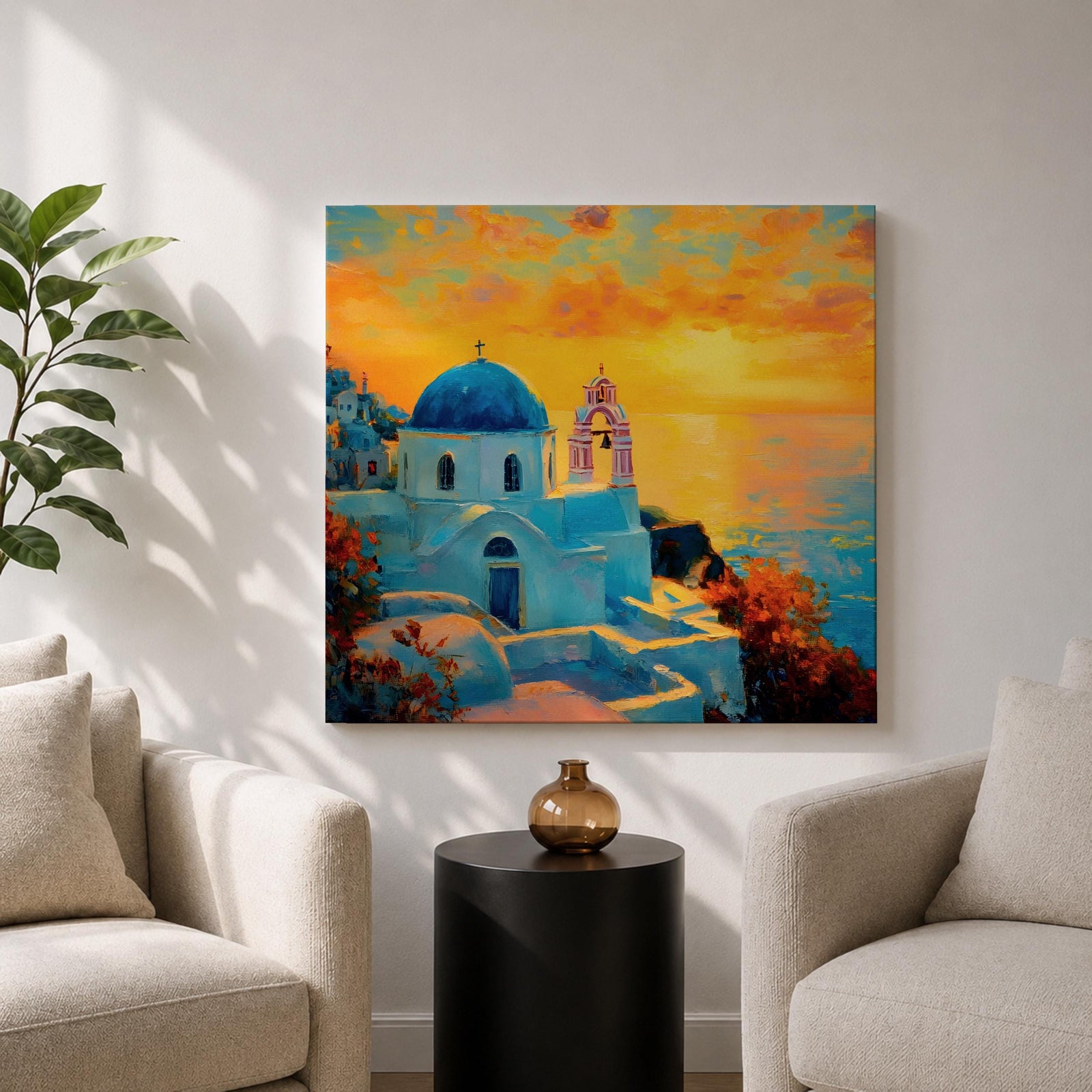 Santorini Wall Art Greek Island Framed Canvas Mediterranean Coastal Landscape Sunset Living Room Decor