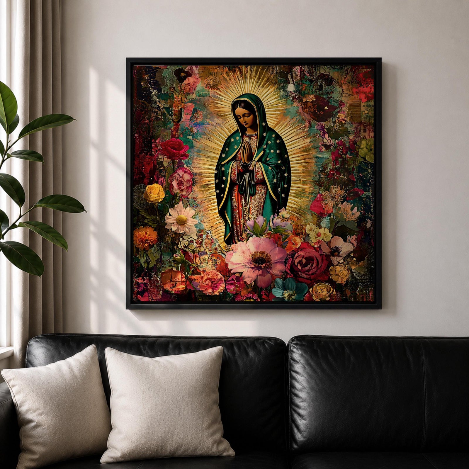 Our Lady of Guadalupe Wall Art Virgencita Framed Canvas Floral Catholic Home Decor