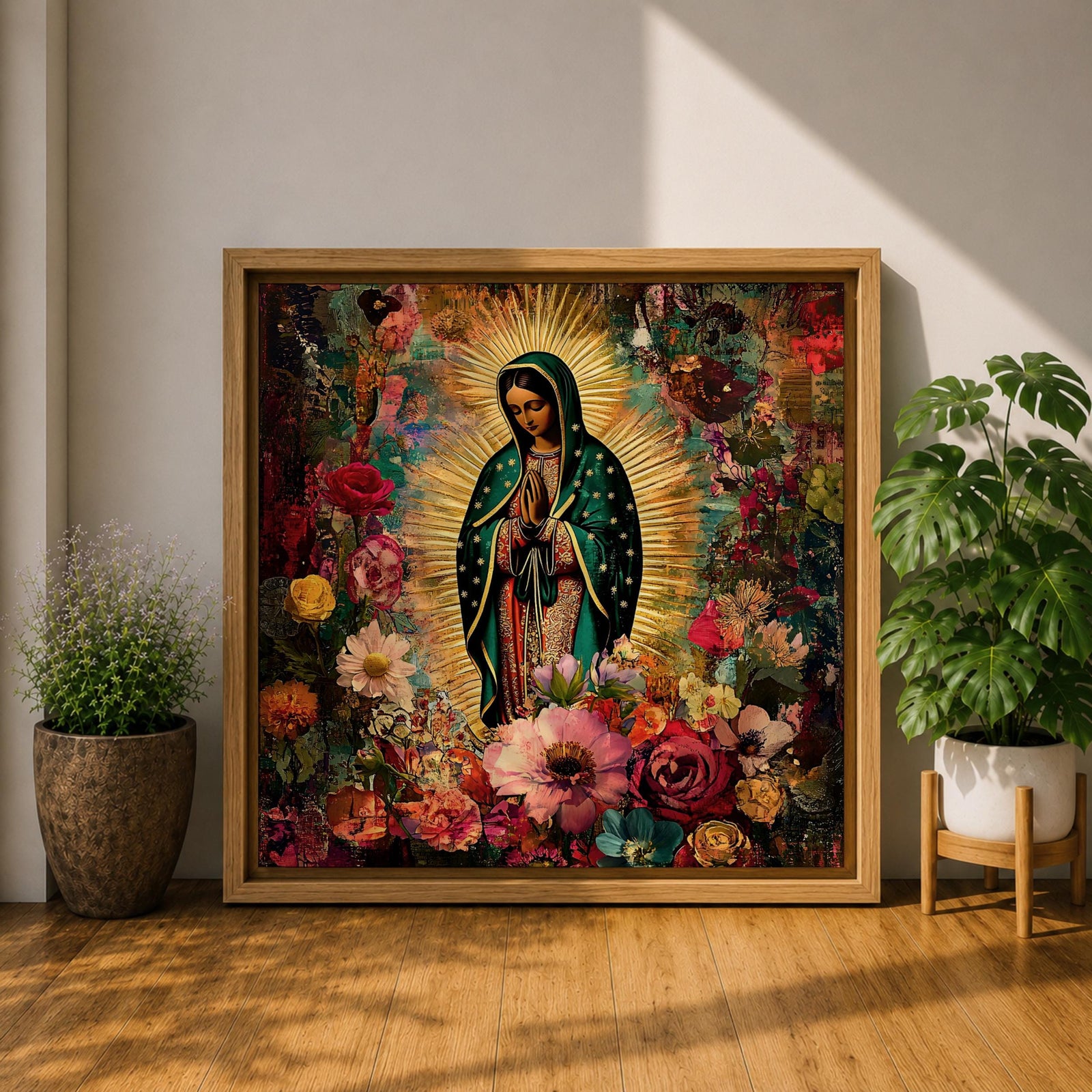 Our Lady of Guadalupe Wall Art Virgencita Framed Canvas Floral Catholic Home Decor