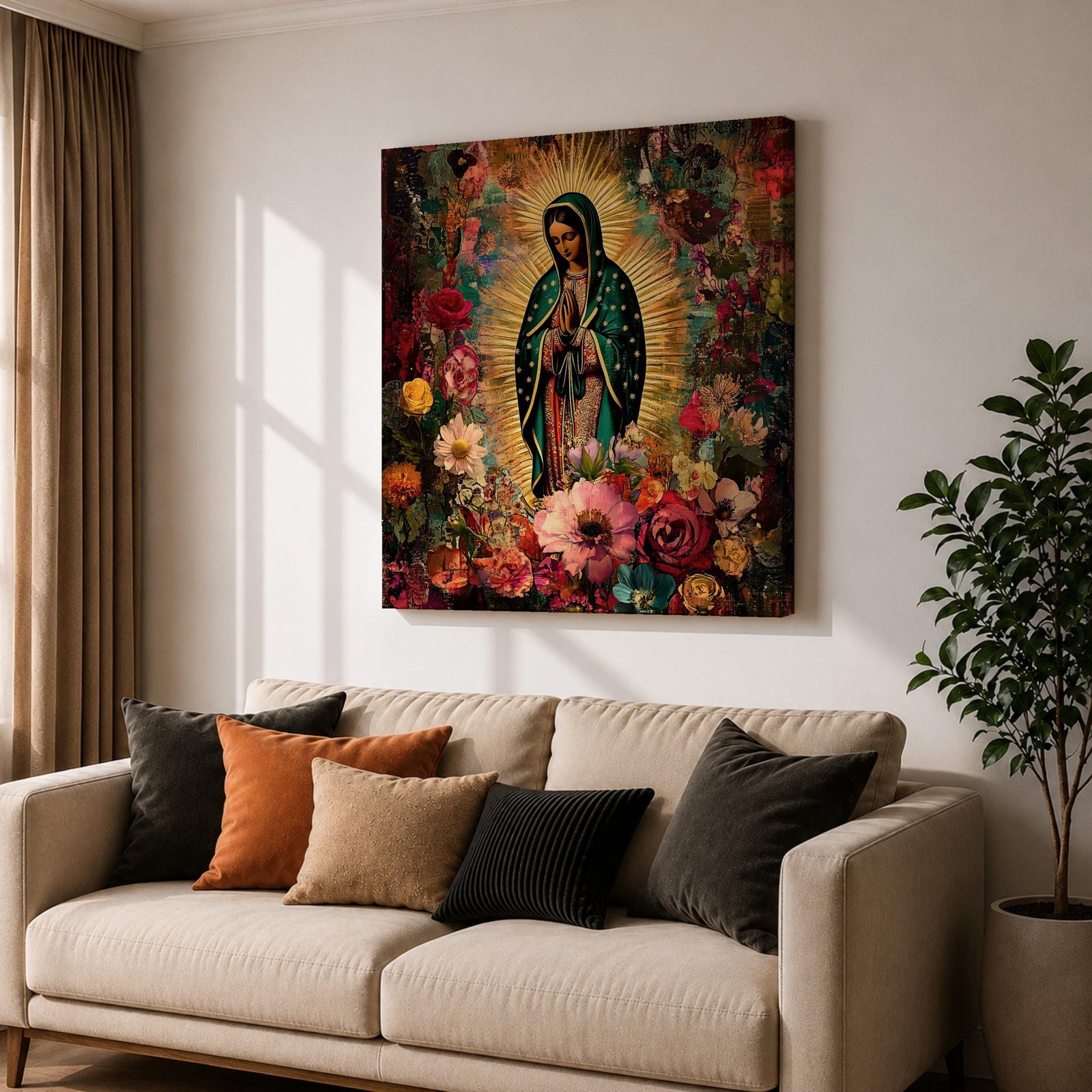 Our Lady of Guadalupe Wall Art Virgencita Framed Canvas Floral Catholic Home Decor