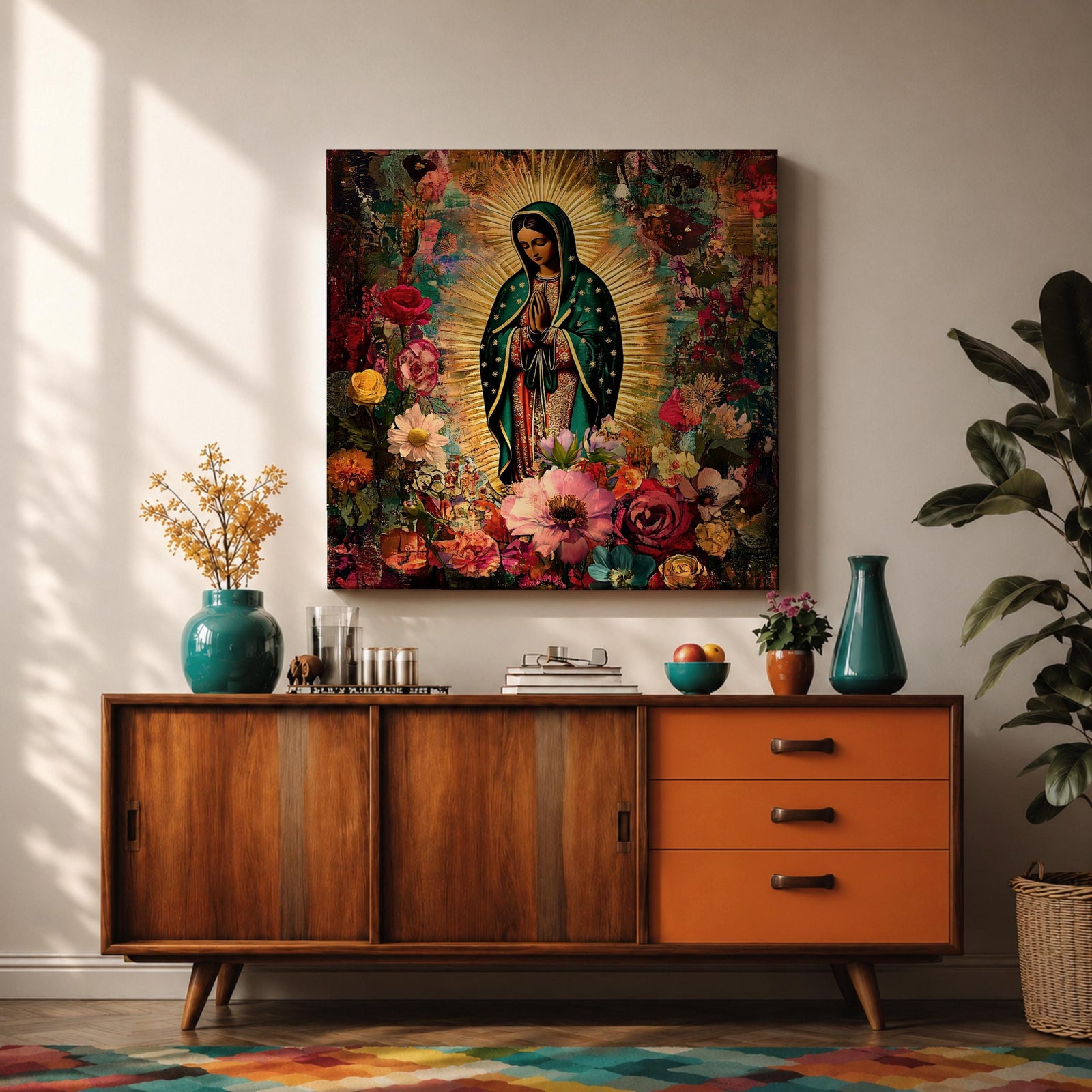 Our Lady of Guadalupe Wall Art Virgencita Framed Canvas Floral Catholic Home Decor