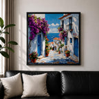 Santorini Village Wall Art Greek Island Street Framed Canvas Bougainvillea Coastal Living Room Decor