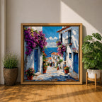Santorini Village Wall Art Greek Island Street Framed Canvas Bougainvillea Coastal Living Room Decor