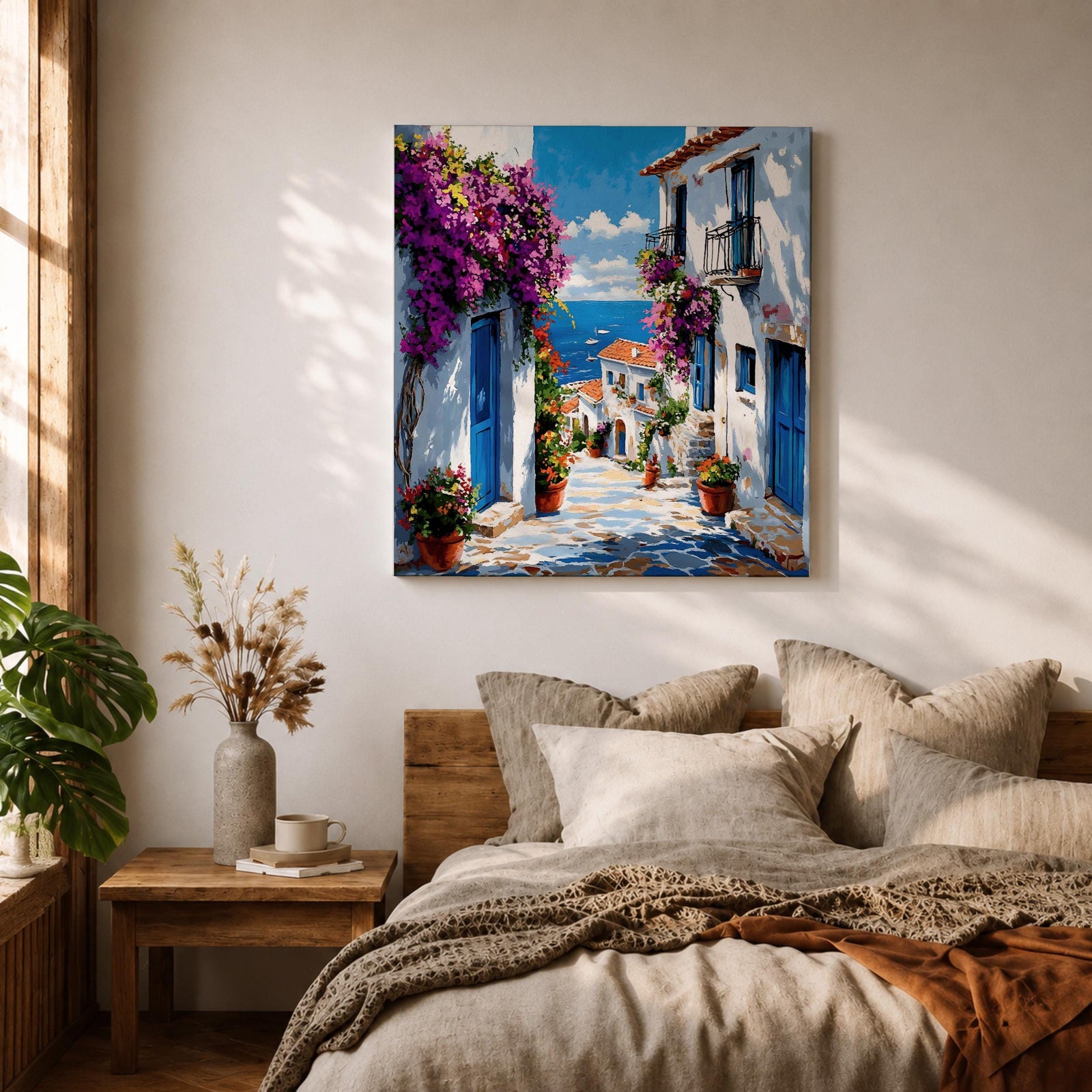 Santorini Village Wall Art Greek Island Street Framed Canvas Bougainvillea Coastal Living Room Decor