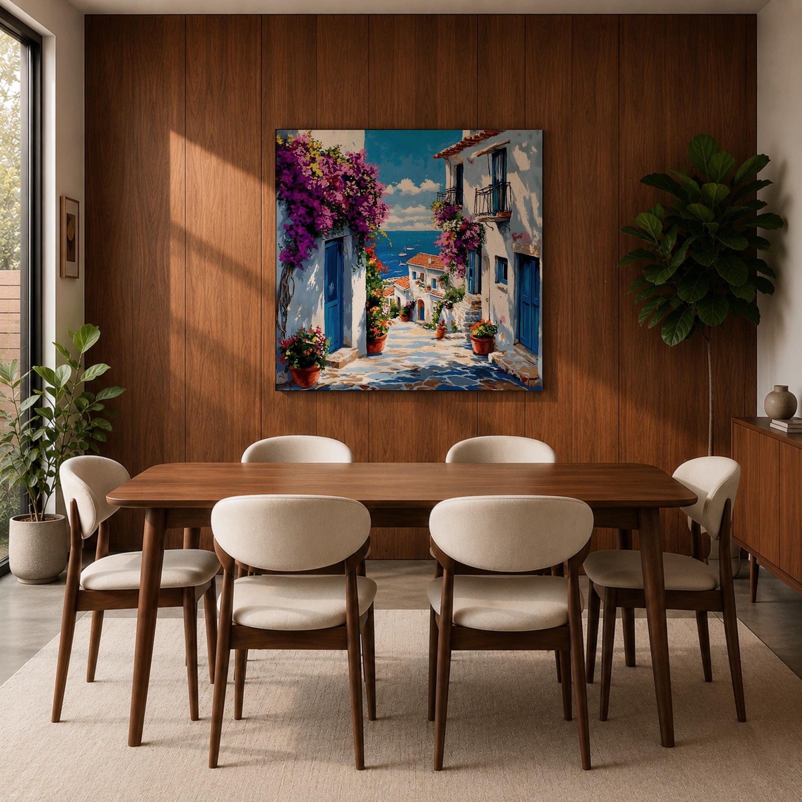 Santorini Village Wall Art Greek Island Street Framed Canvas Bougainvillea Coastal Living Room Decor