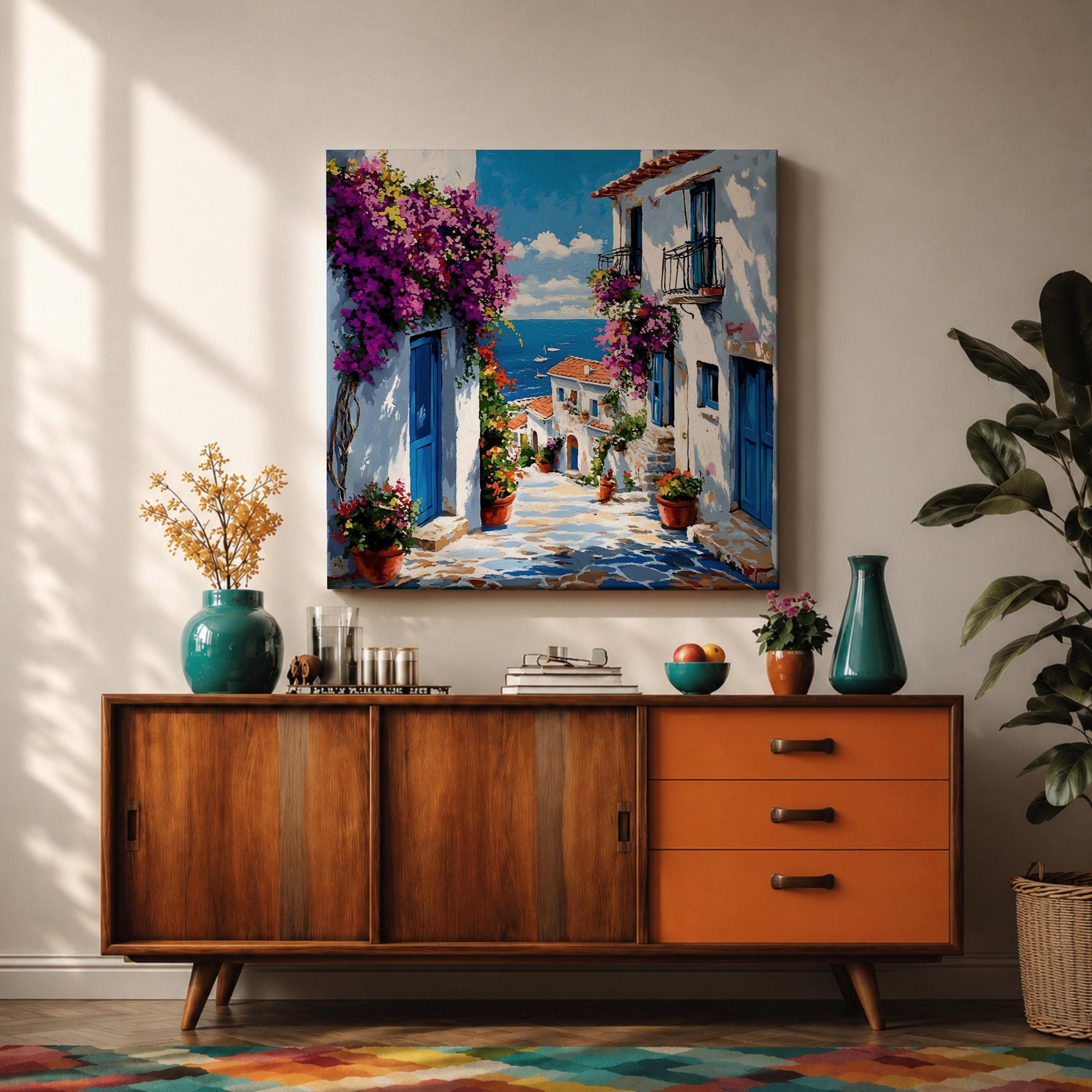 Santorini Village Wall Art Greek Island Street Framed Canvas Bougainvillea Coastal Living Room Decor