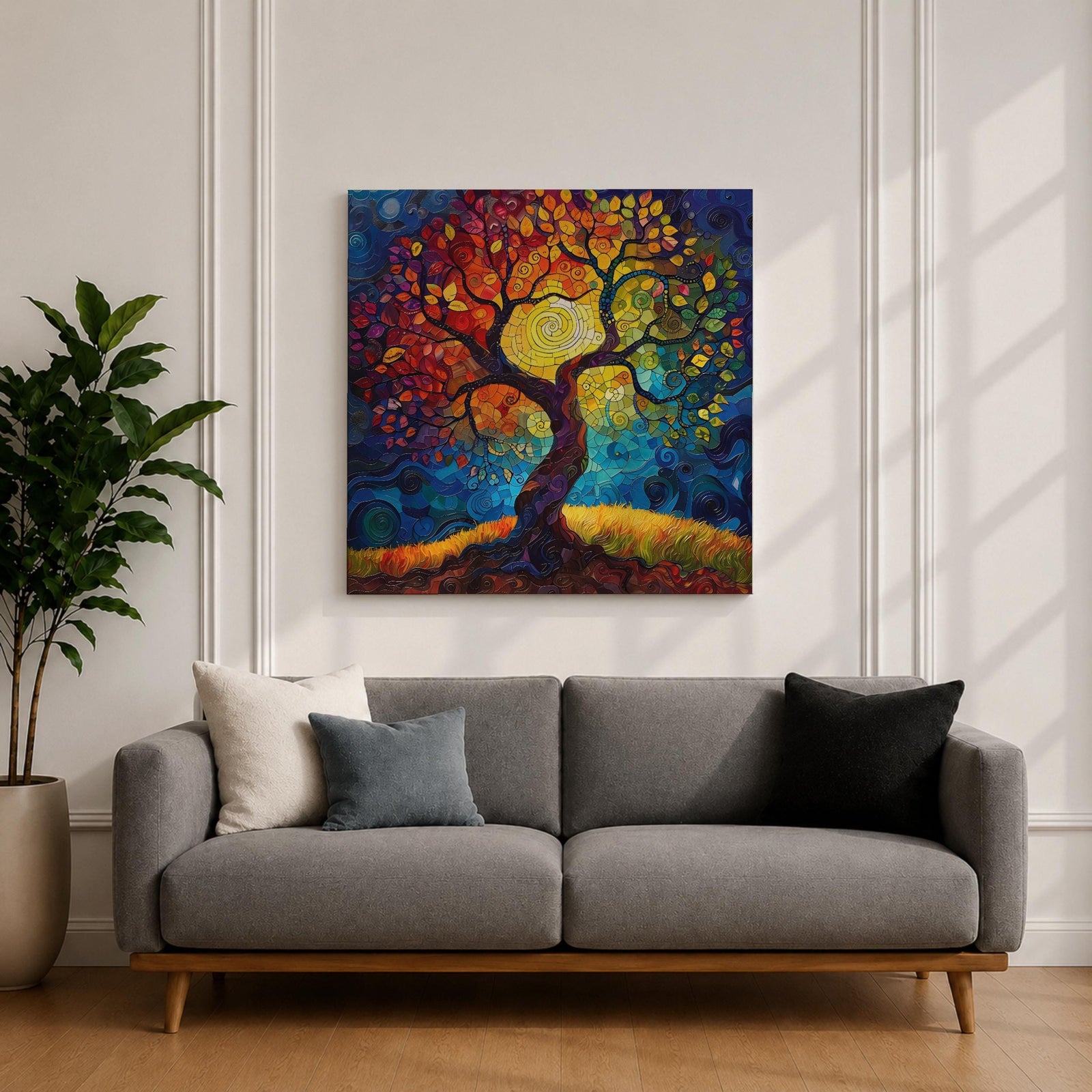 Tree of Life Wall Art Sacred Tree Framed Canvas Stained Glass Nature Home Decor