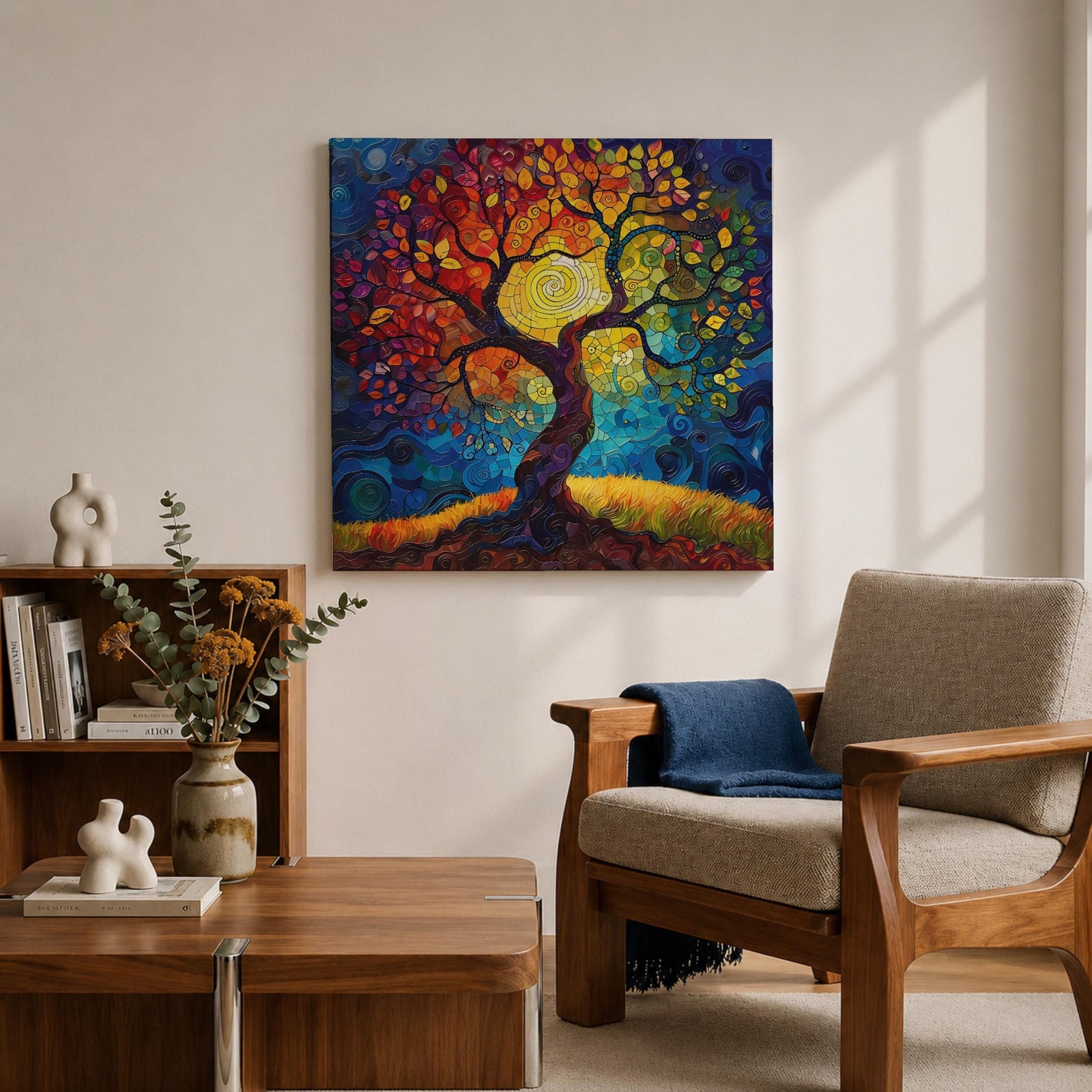 Tree of Life Wall Art Sacred Tree Framed Canvas Stained Glass Nature Home Decor