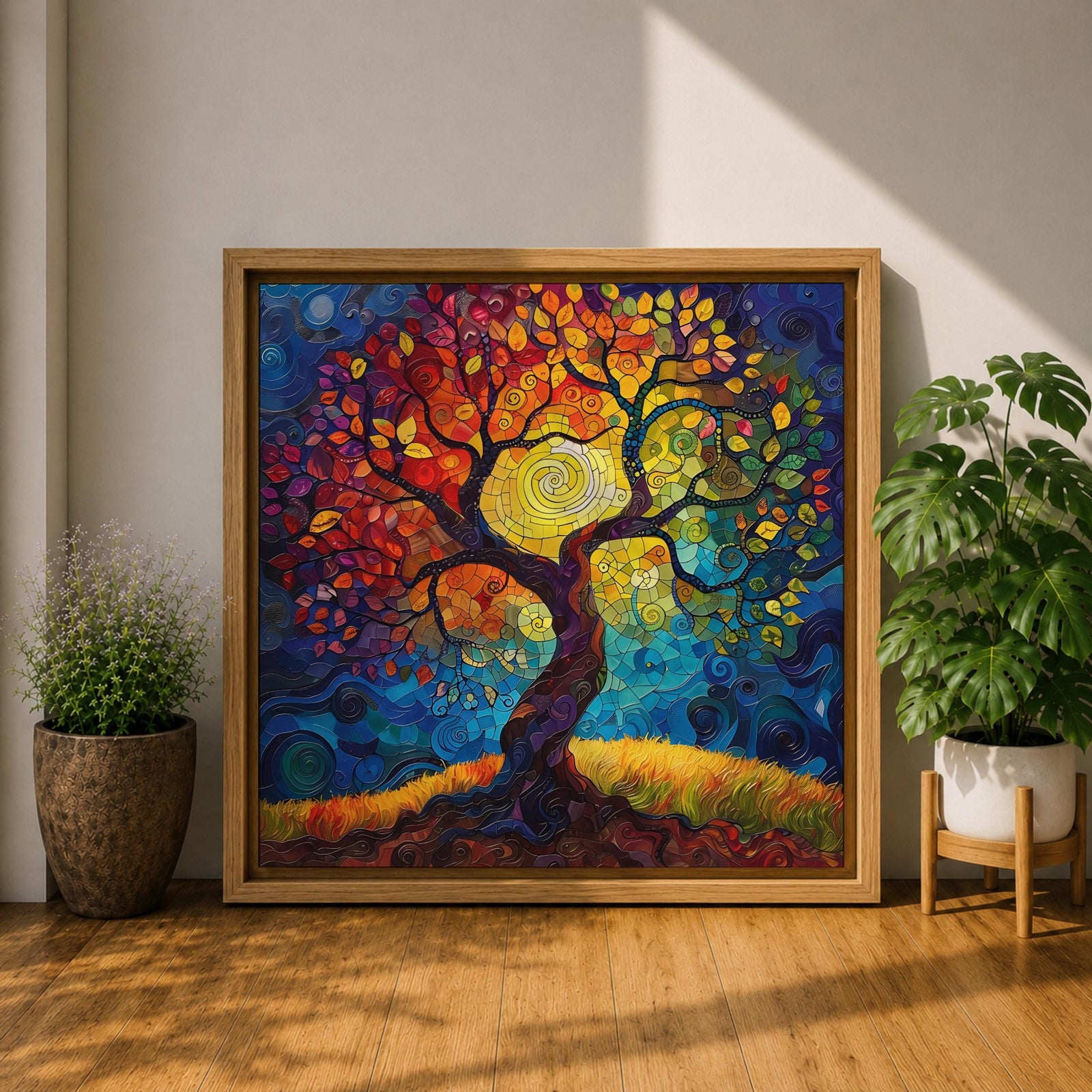 Tree of Life Wall Art Sacred Tree Framed Canvas Stained Glass Nature Home Decor