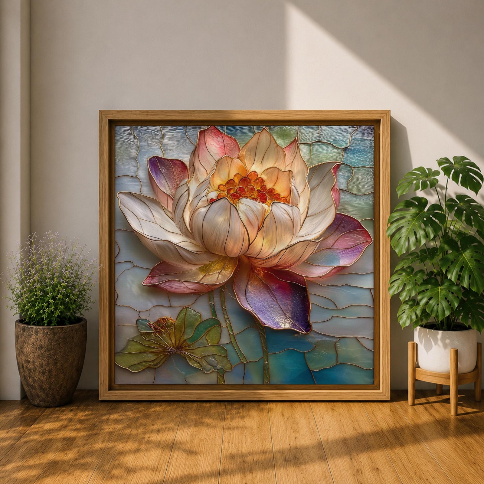 Lotus Wall Art Water Lily Framed Canvas Stained Glass Botanical Boho Home Decor