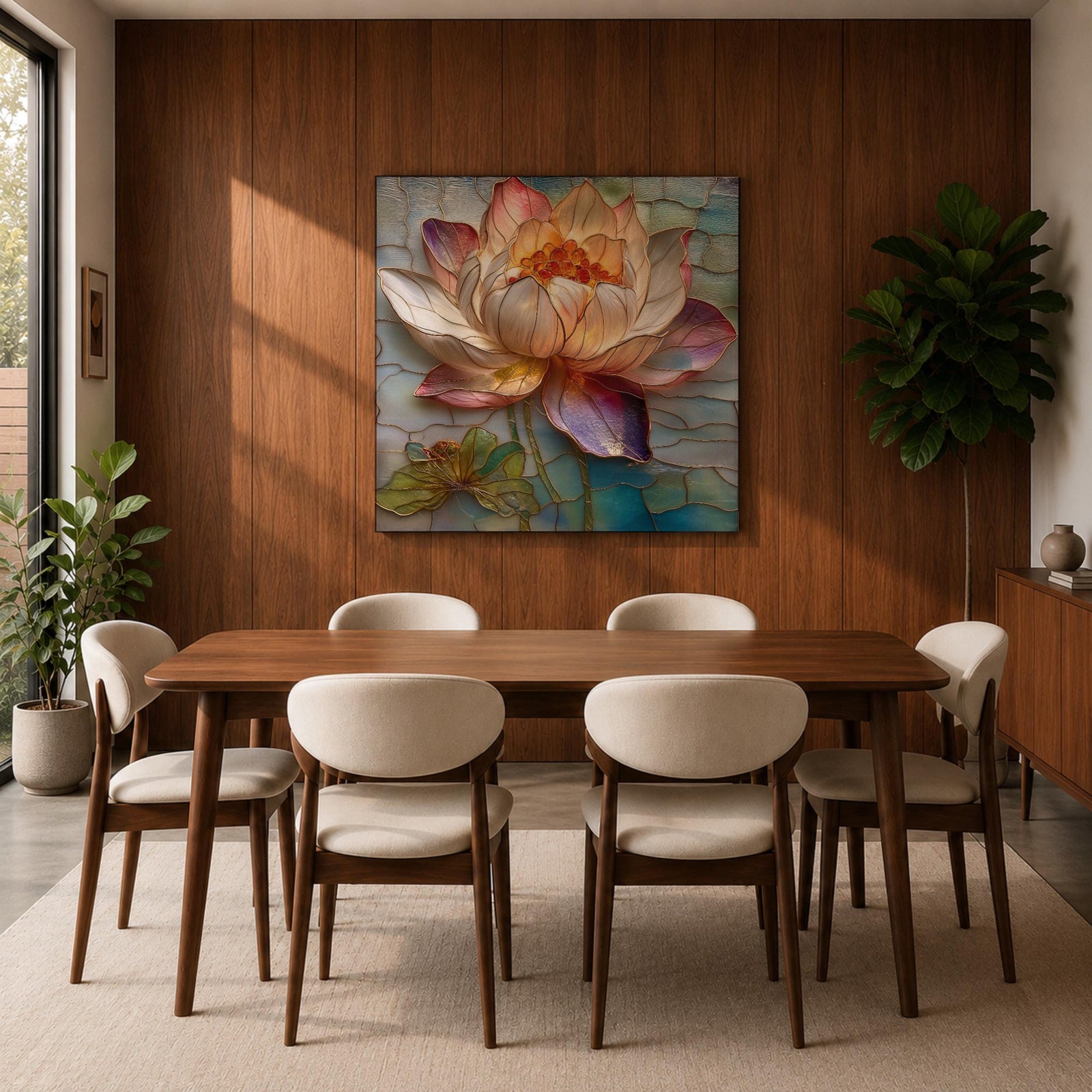 Lotus Wall Art Water Lily Framed Canvas Stained Glass Botanical Boho Home Decor