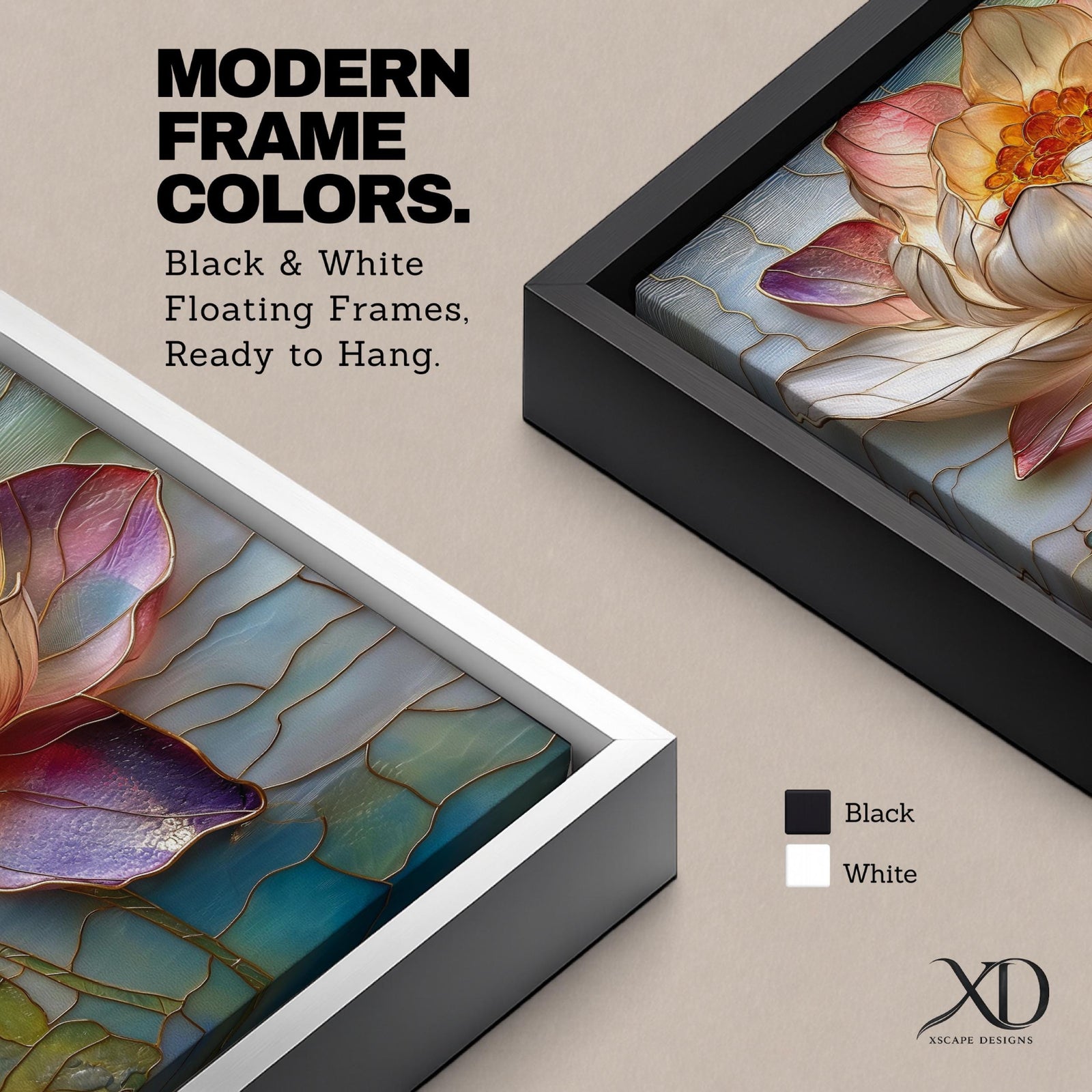 Lotus Wall Art Water Lily Framed Canvas Stained Glass Botanical Boho Home Decor
