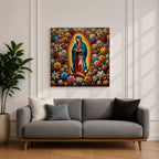 Our Lady of Guadalupe Wall Art Queen of Heaven Framed Canvas Floral Catholic Decor