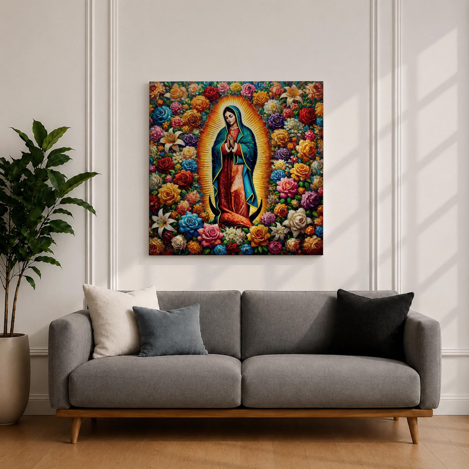 Our Lady of Guadalupe Wall Art Queen of Heaven Framed Canvas Floral Catholic Decor