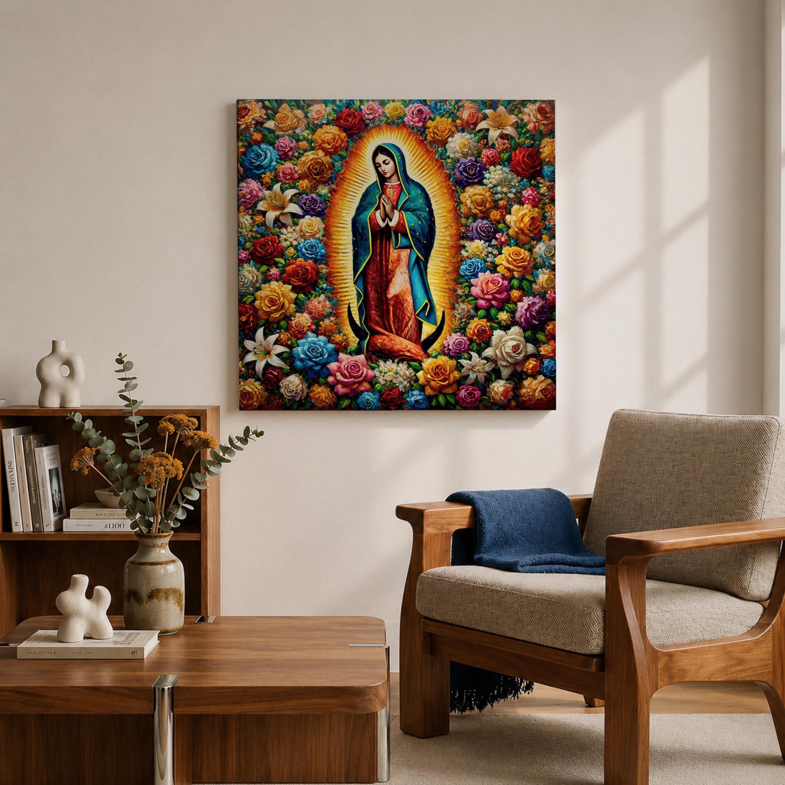 Our Lady of Guadalupe Wall Art Queen of Heaven Framed Canvas Floral Catholic Decor