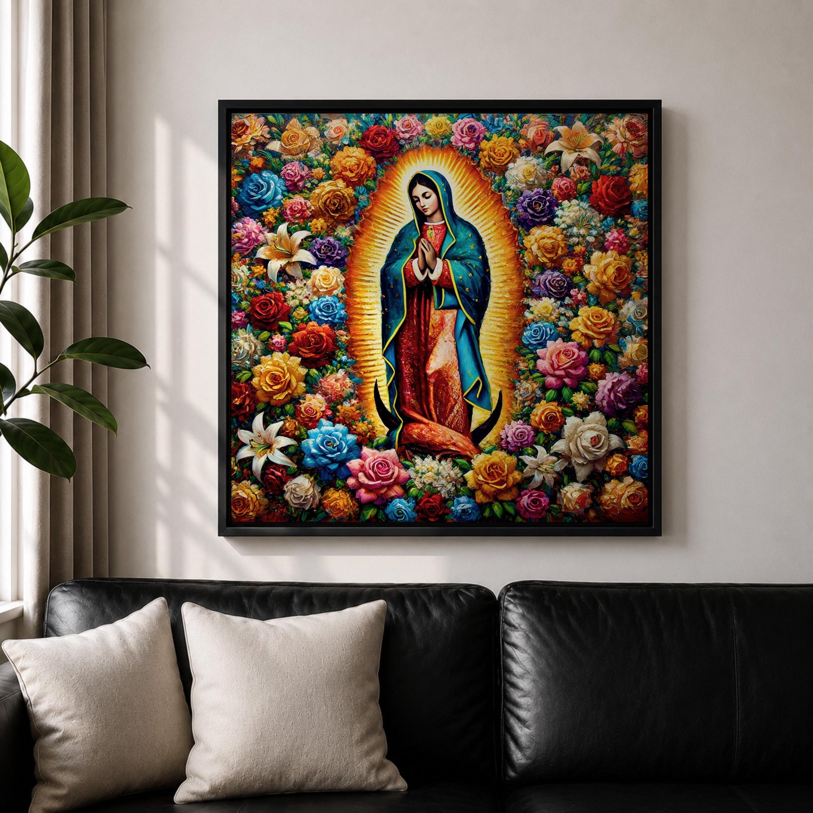 Our Lady of Guadalupe Wall Art Queen of Heaven Framed Canvas Floral Catholic Decor