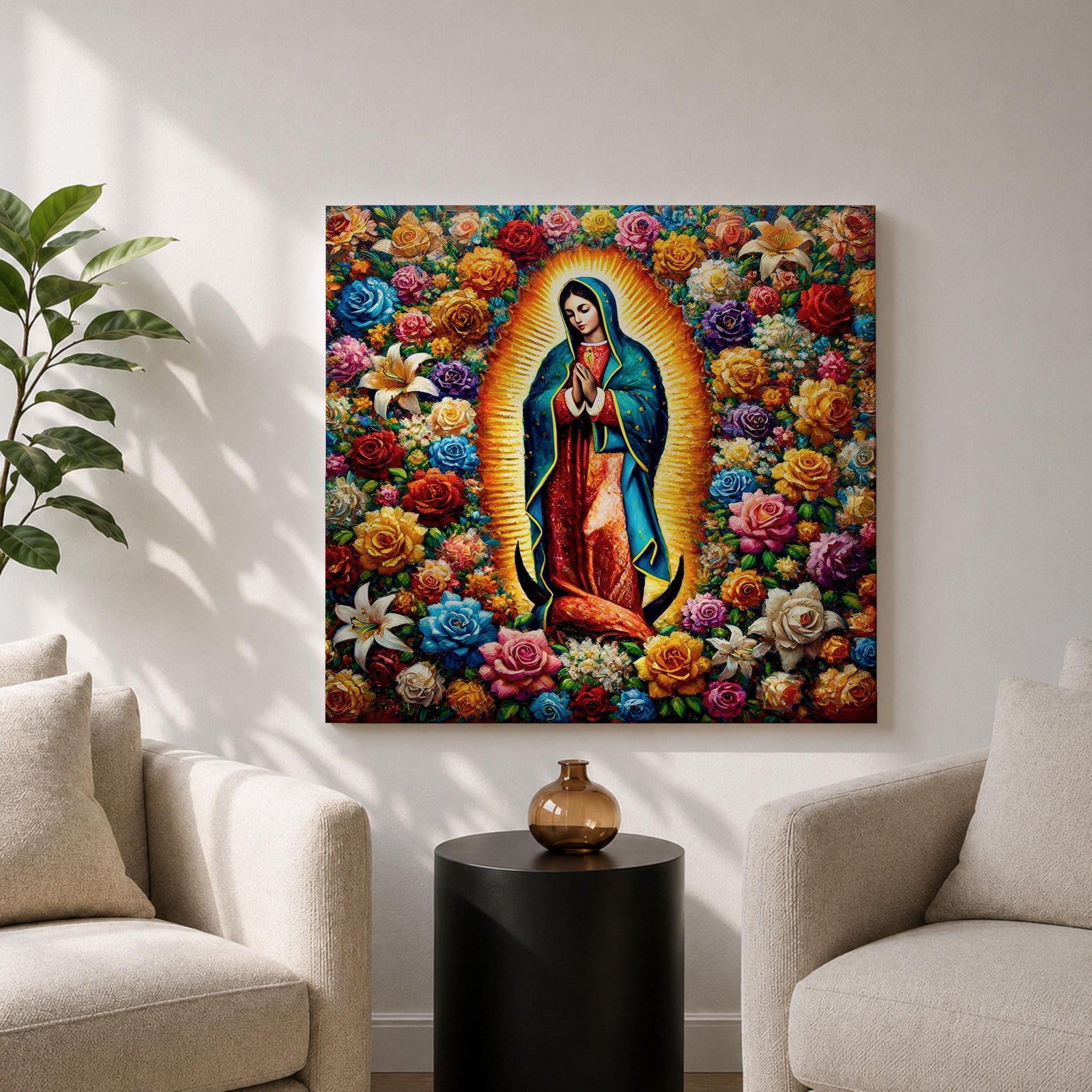 Our Lady of Guadalupe Wall Art Queen of Heaven Framed Canvas Floral Catholic Decor