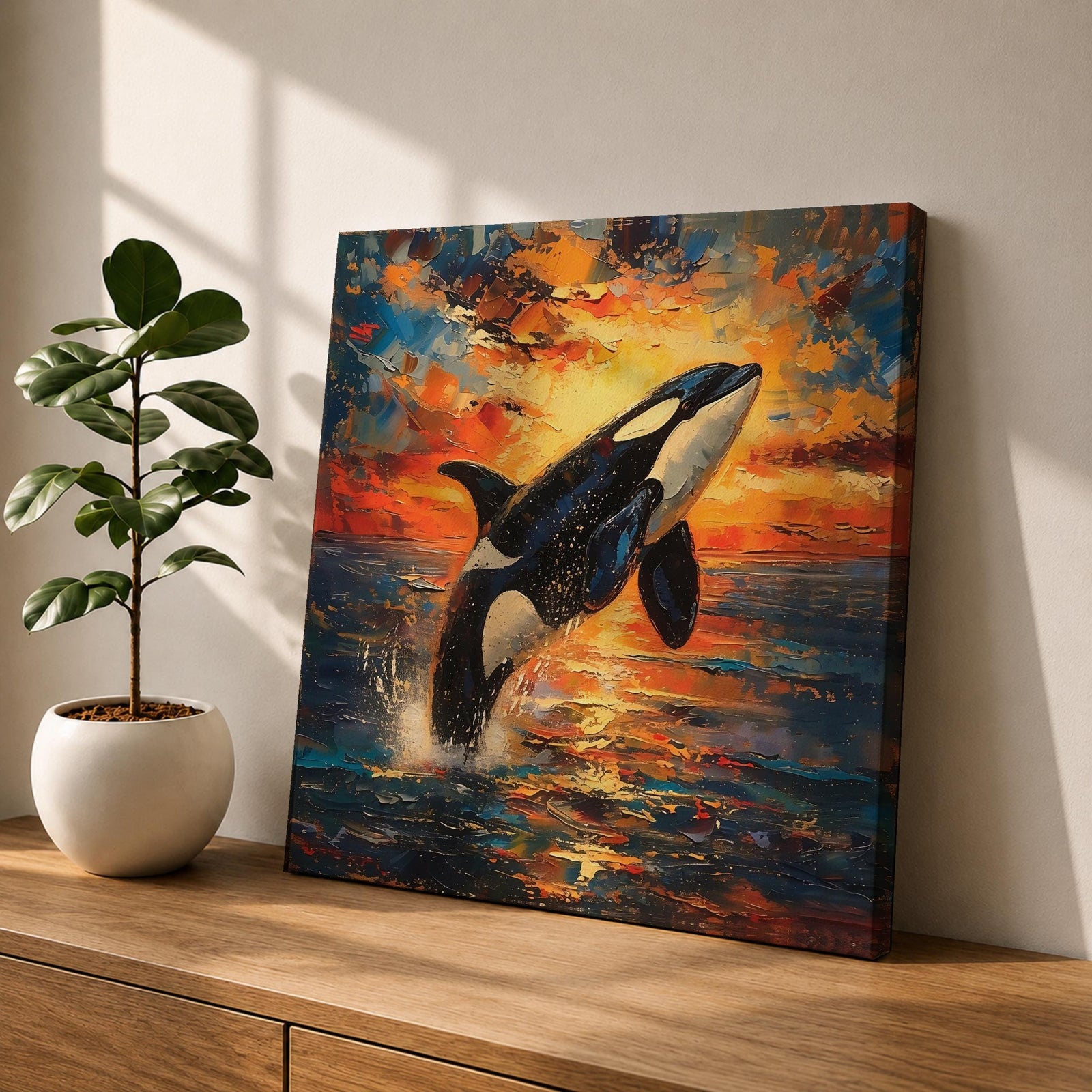 Orca Wall Art Whale Framed Canvas Ocean Wildlife Marine Impasto Coastal Home Decor