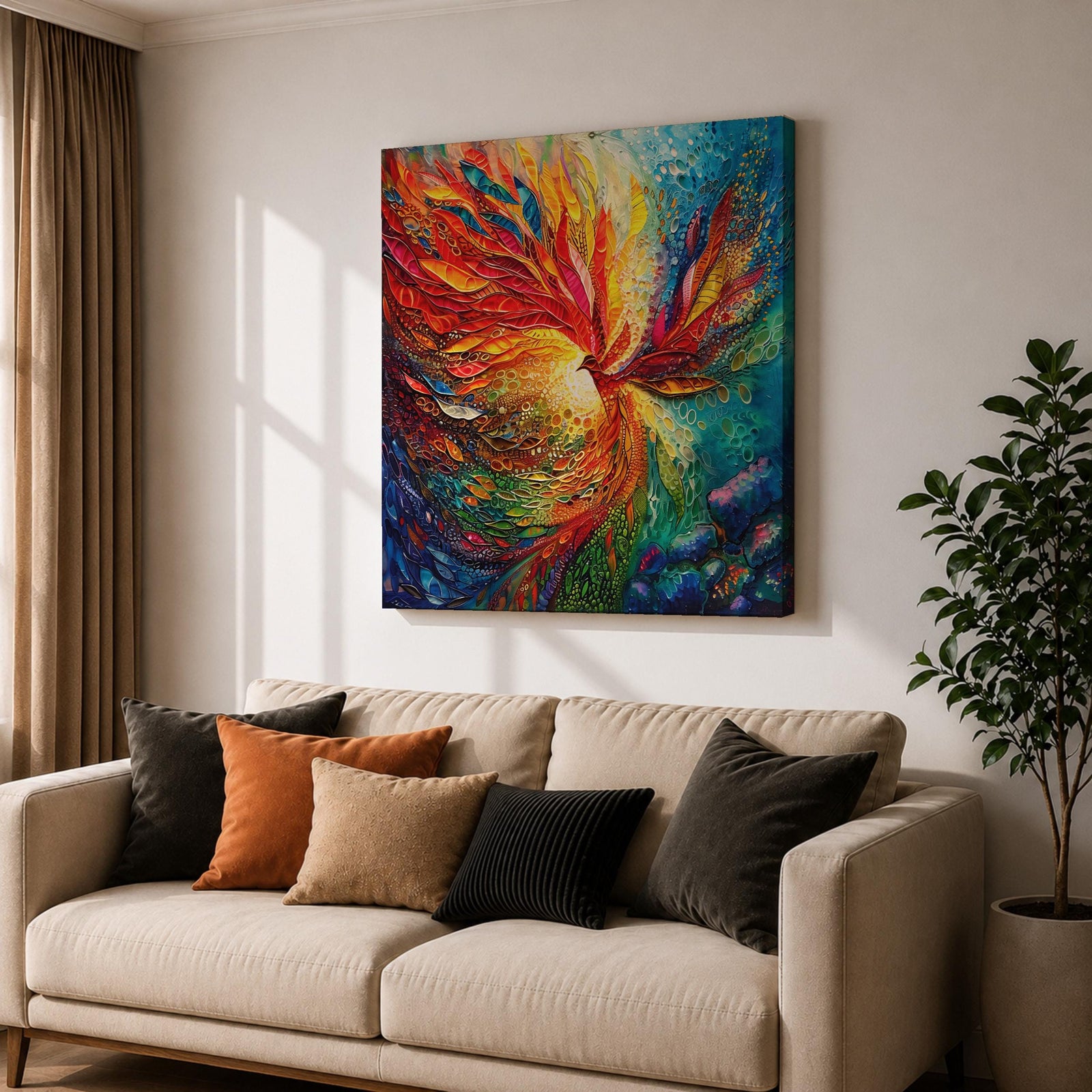 Phoenix Wall Art Firebird Framed Canvas Fantasy Abstract Mythical Boho Home Decor