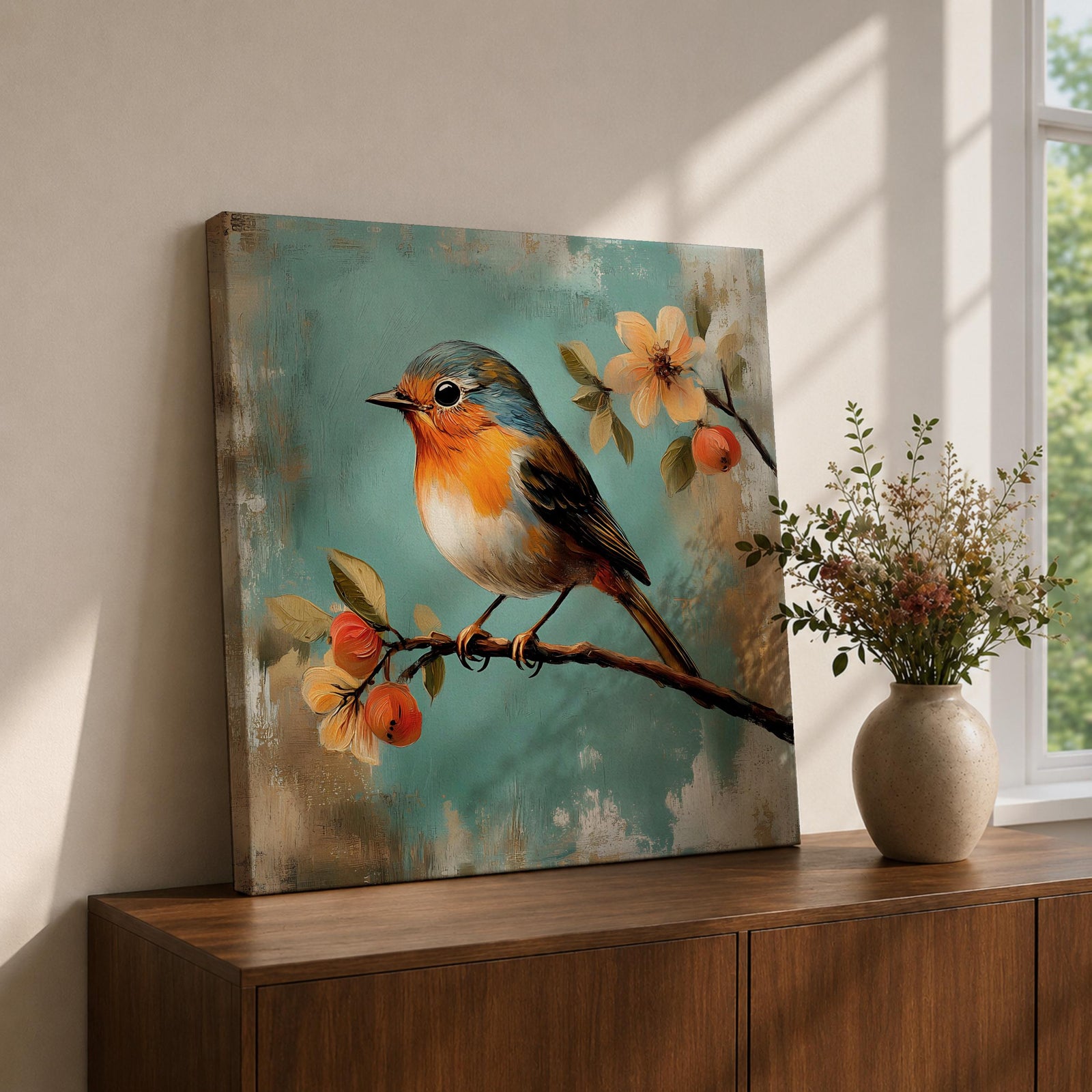 Robin Bird Wall Art Songbird Framed Canvas Floral Wildlife Botanical Cottage Home Decor
