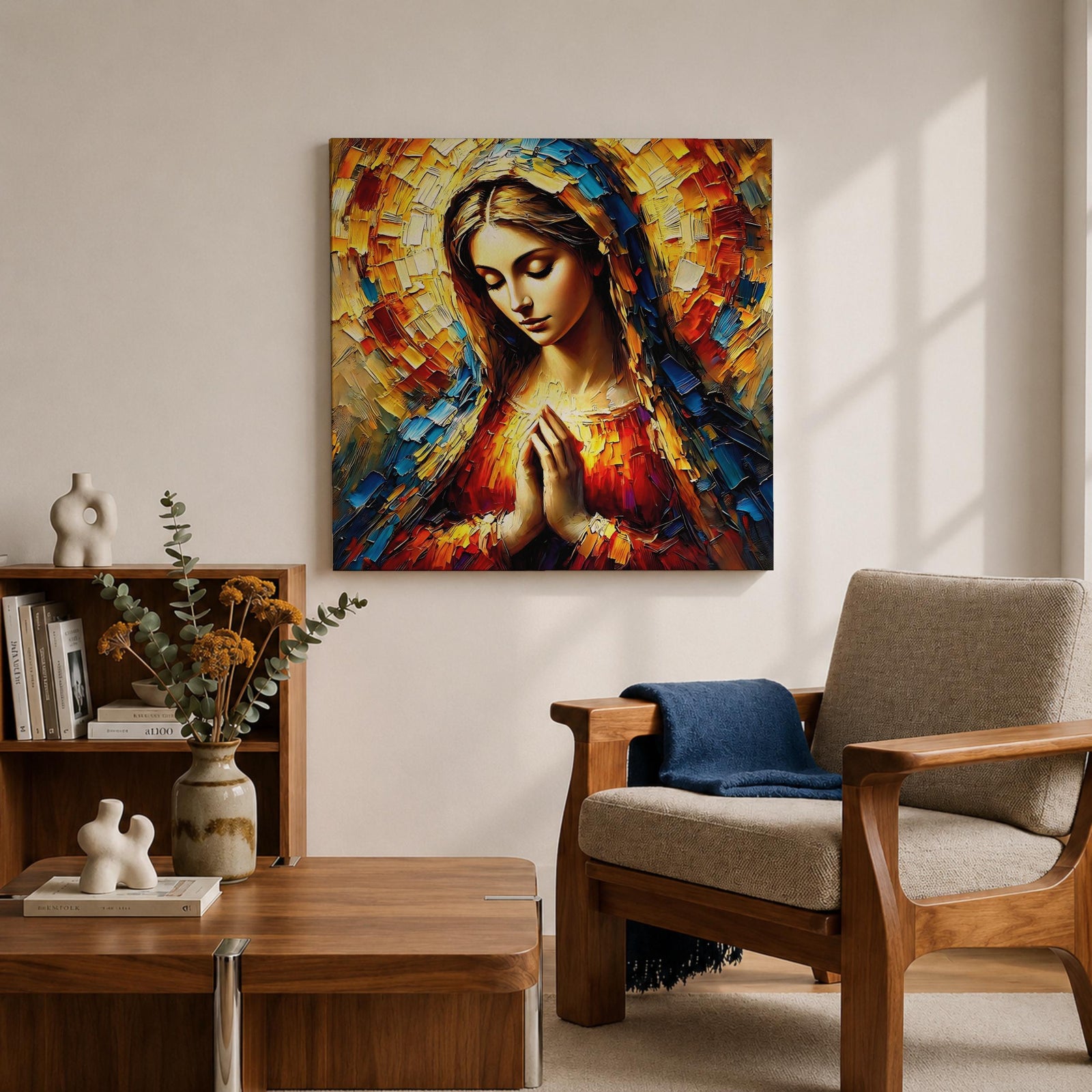 Virgin Mary Wall Art Blessed Mother Framed Canvas Impasto Catholic Antique Home Decor