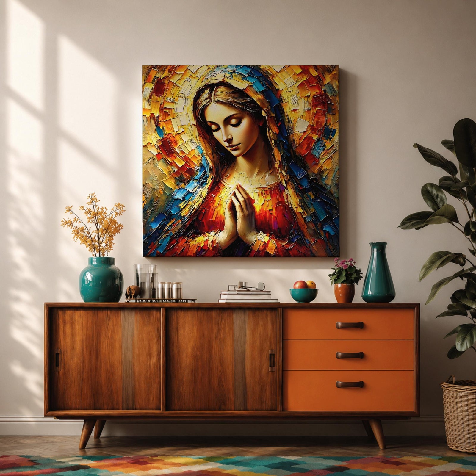 Virgin Mary Wall Art Blessed Mother Framed Canvas Impasto Catholic Antique Home Decor