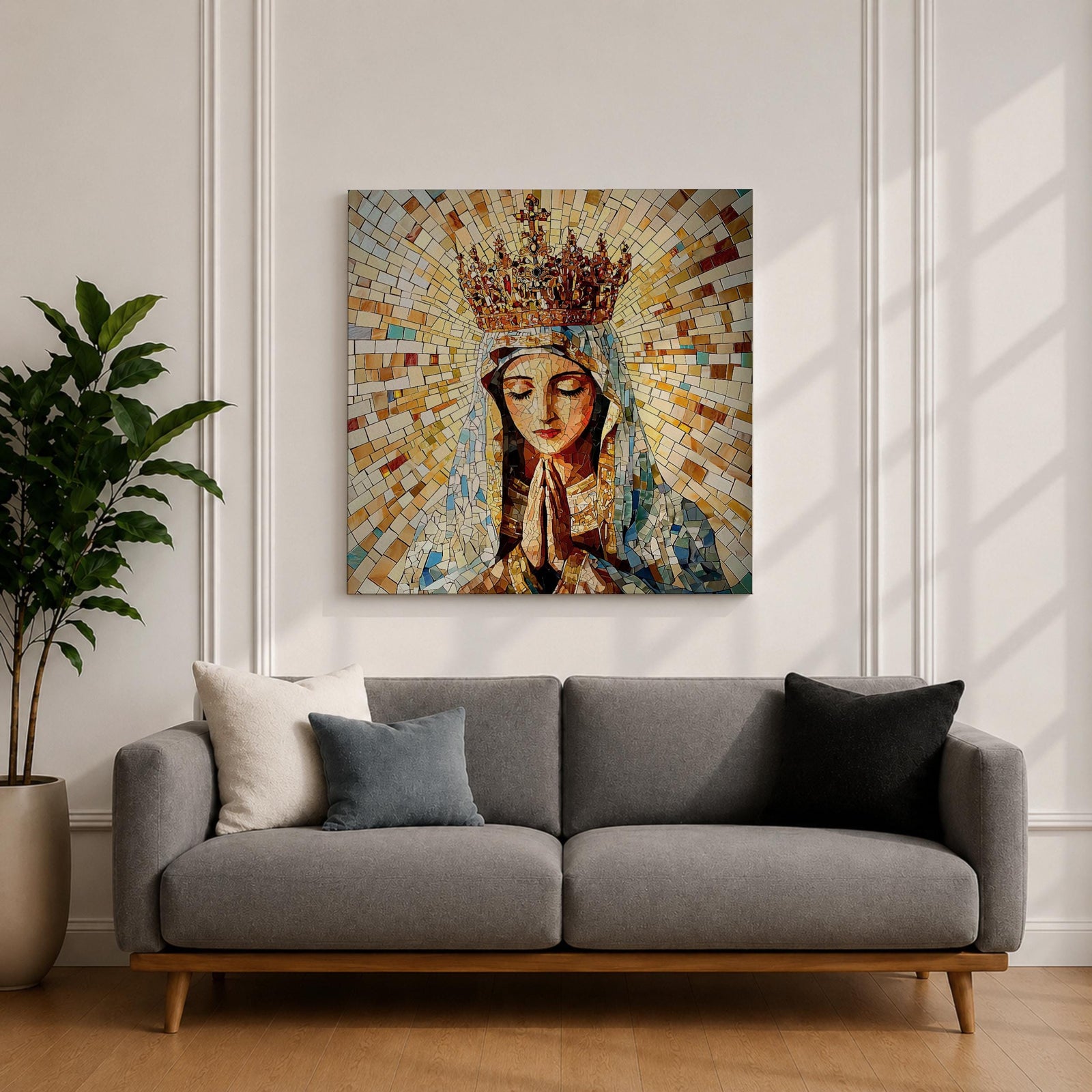 Virgin Mary Wall Art Queen of Heaven Framed Canvas Mosaic Catholic Sacred Home Decor