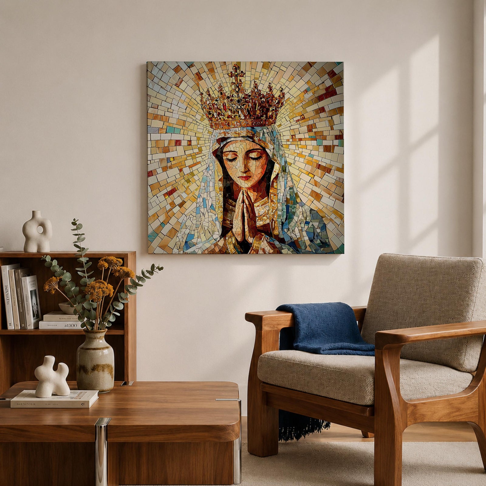 Virgin Mary Wall Art Queen of Heaven Framed Canvas Mosaic Catholic Sacred Home Decor