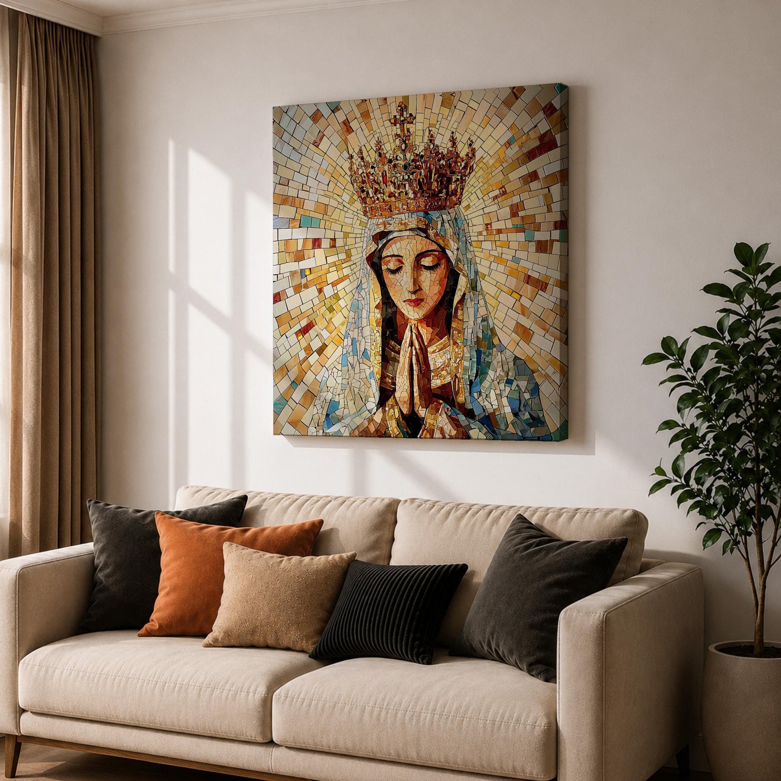 Virgin Mary Wall Art Queen of Heaven Framed Canvas Mosaic Catholic Sacred Home Decor