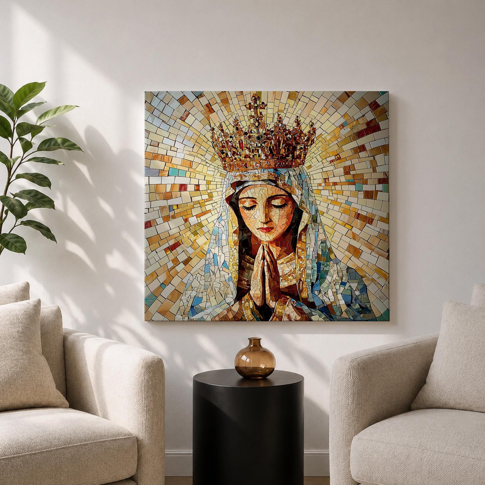 Virgin Mary Wall Art Queen of Heaven Framed Canvas Mosaic Catholic Sacred Home Decor