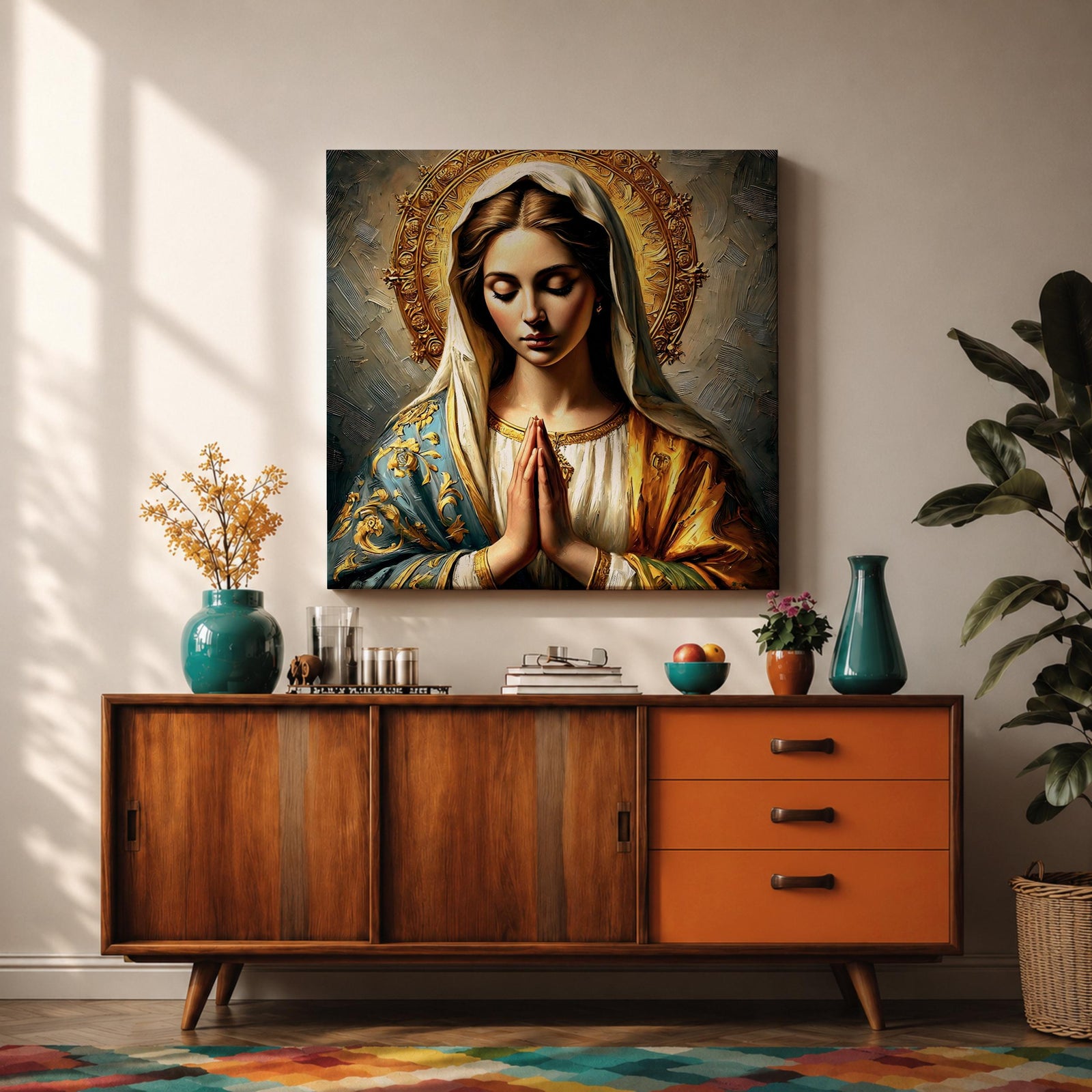 Virgin Mary Wall Art Madonna Framed Canvas Antique Catholic Prayer Room Home Decor