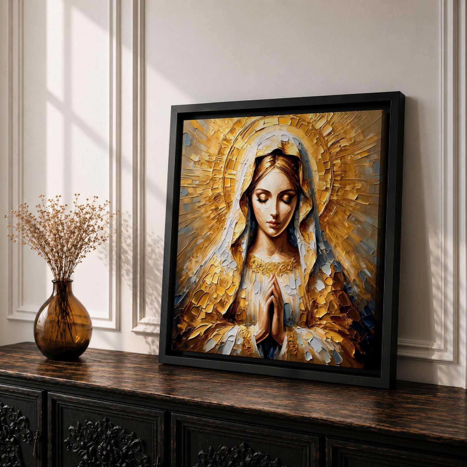 Virgin Mary Wall Art Mother of Jesus Framed Canvas Impasto Catholic Sacred Home Decor