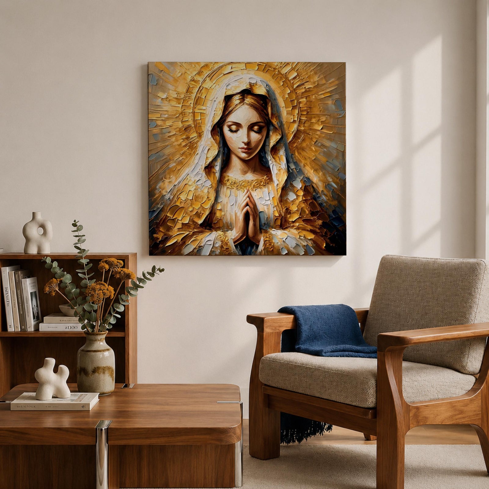 Virgin Mary Wall Art Mother of Jesus Framed Canvas Impasto Catholic Sacred Home Decor