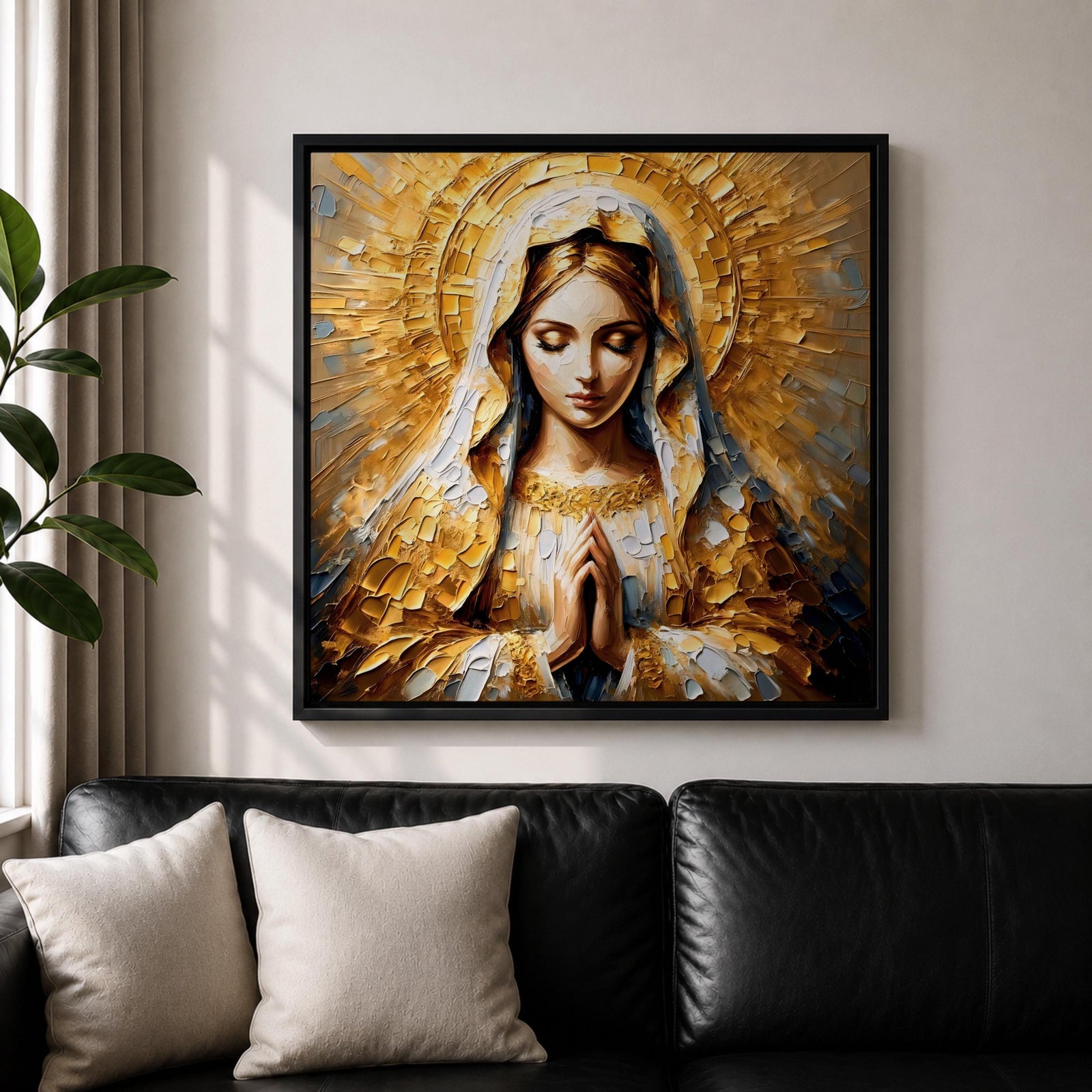 Virgin Mary Wall Art Mother of Jesus Framed Canvas Impasto Catholic Sacred Home Decor