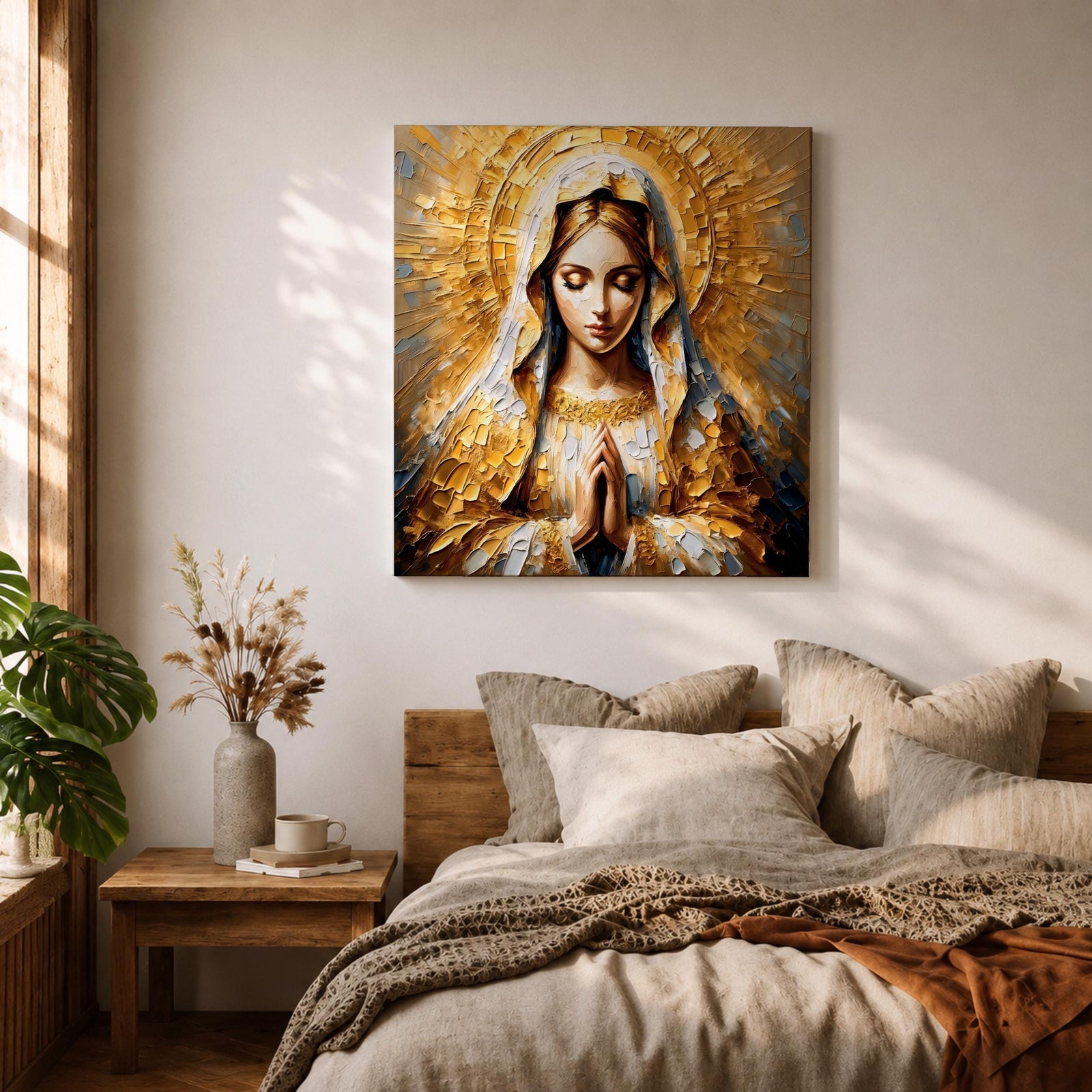 Virgin Mary Wall Art Mother of Jesus Framed Canvas Impasto Catholic Sacred Home Decor