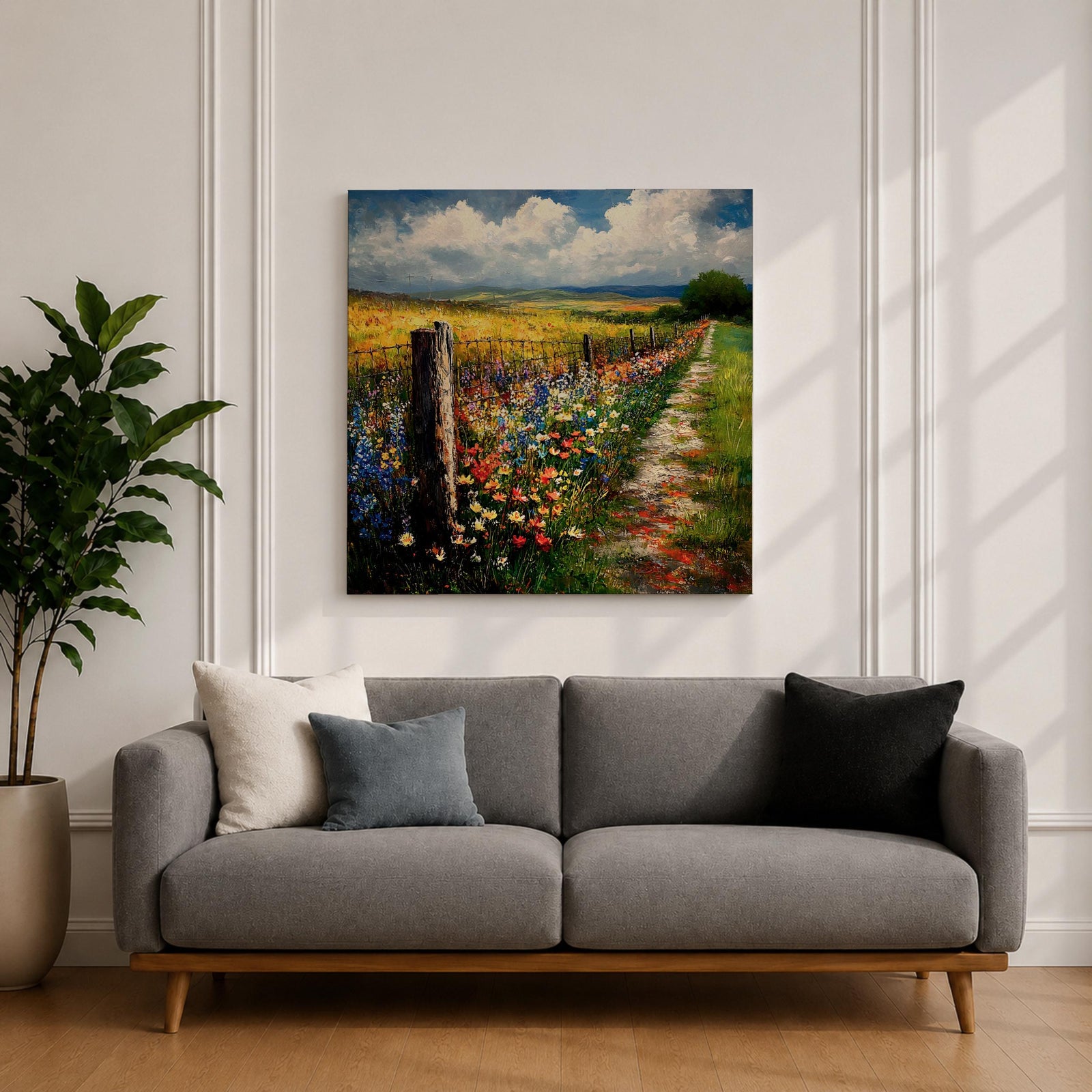 Countryside Path Wall Art Country Trail Framed Canvas Wildflower Field Impasto Landscape Home Decor