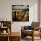 Countryside Path Wall Art Country Trail Framed Canvas Wildflower Field Impasto Landscape Home Decor