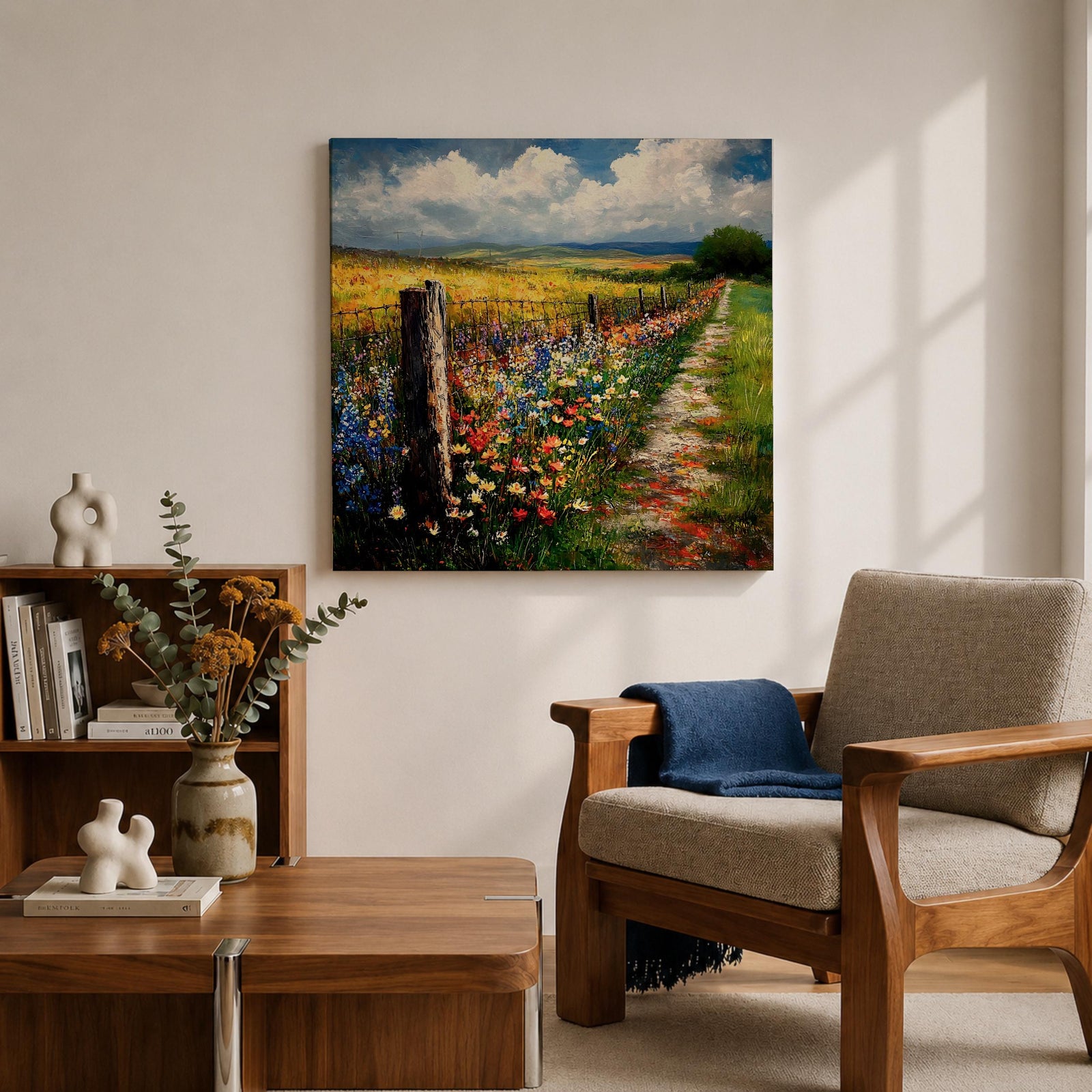 Countryside Path Wall Art Country Trail Framed Canvas Wildflower Field Impasto Landscape Home Decor