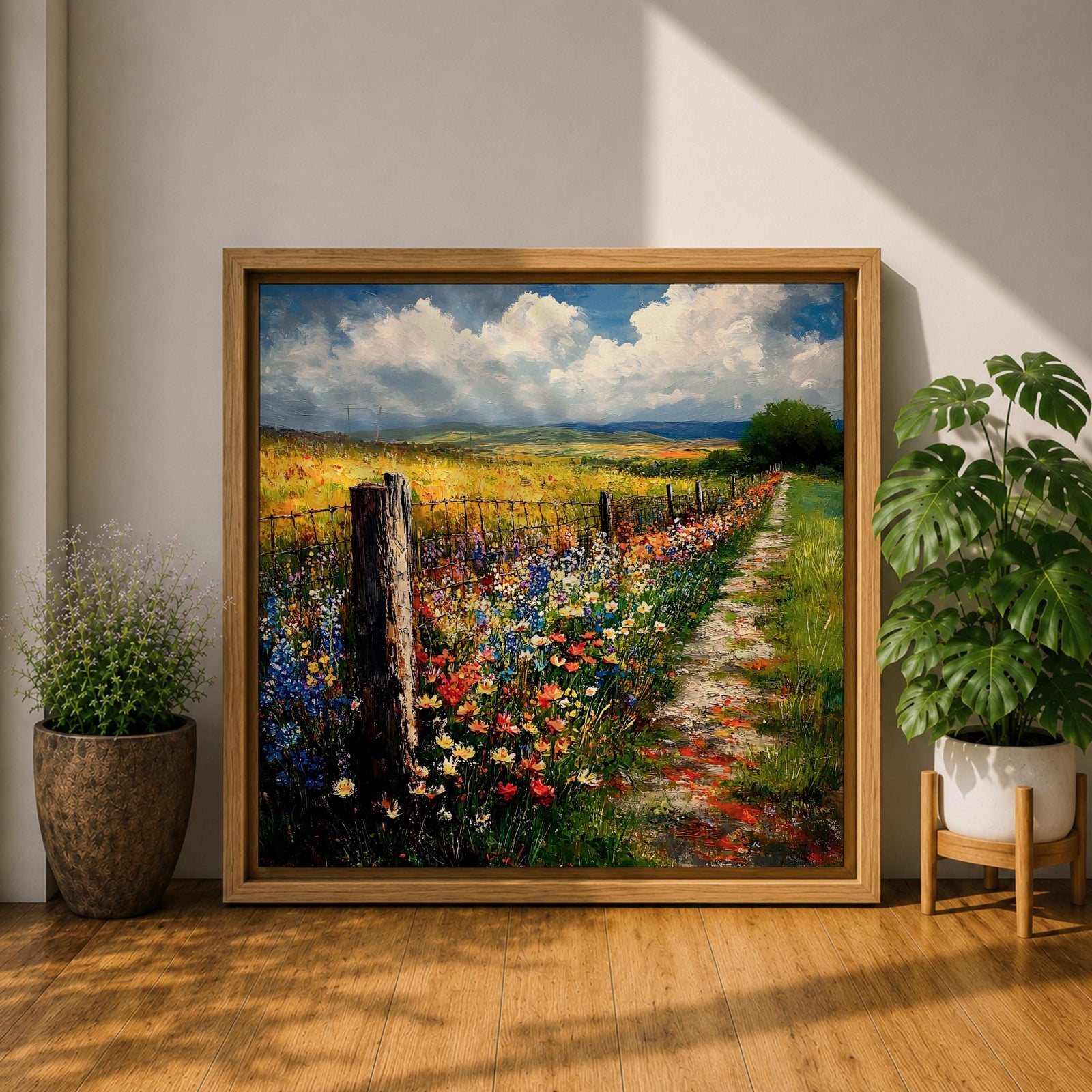 Countryside Path Wall Art Country Trail Framed Canvas Wildflower Field Impasto Landscape Home Decor