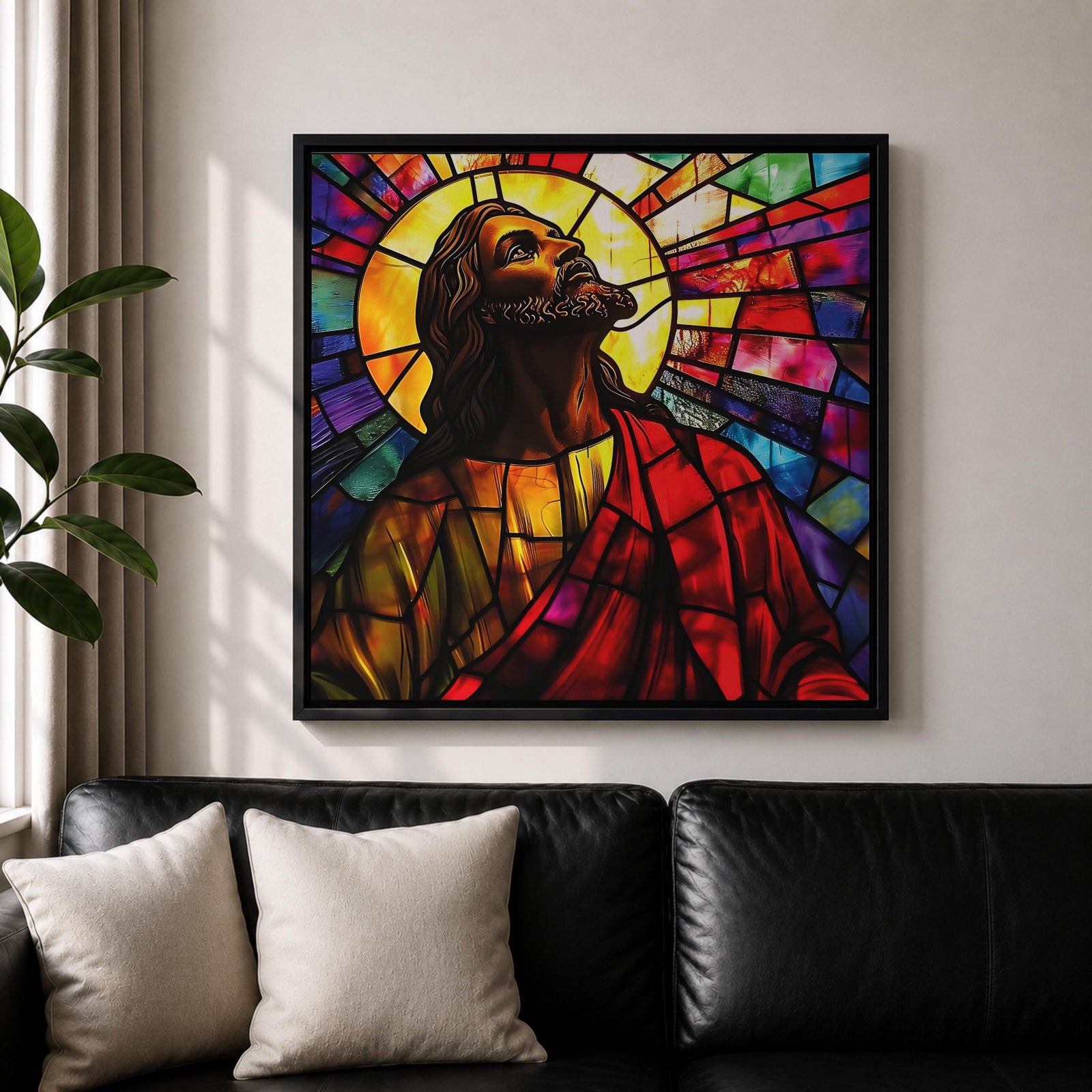 Jesus Christ Wall Art Holy Redeemer Framed Canvas Stained Glass Catholic Christian Home Decor