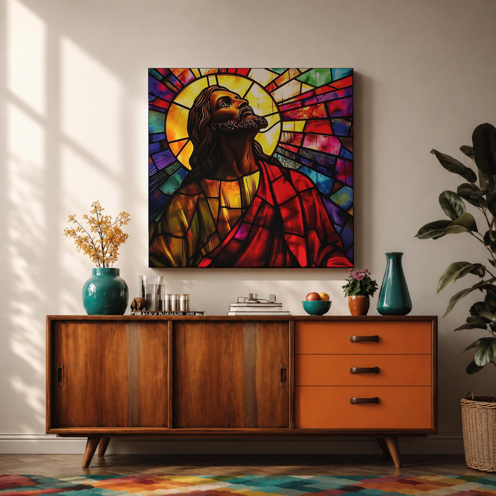 Jesus Christ Wall Art Holy Redeemer Framed Canvas Stained Glass Catholic Christian Home Decor