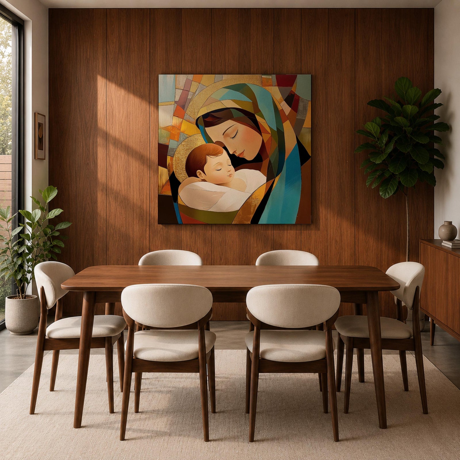 Virgin Mary Wall Art Madonna and Child Framed Canvas Stained Glass Catholic Home Decor