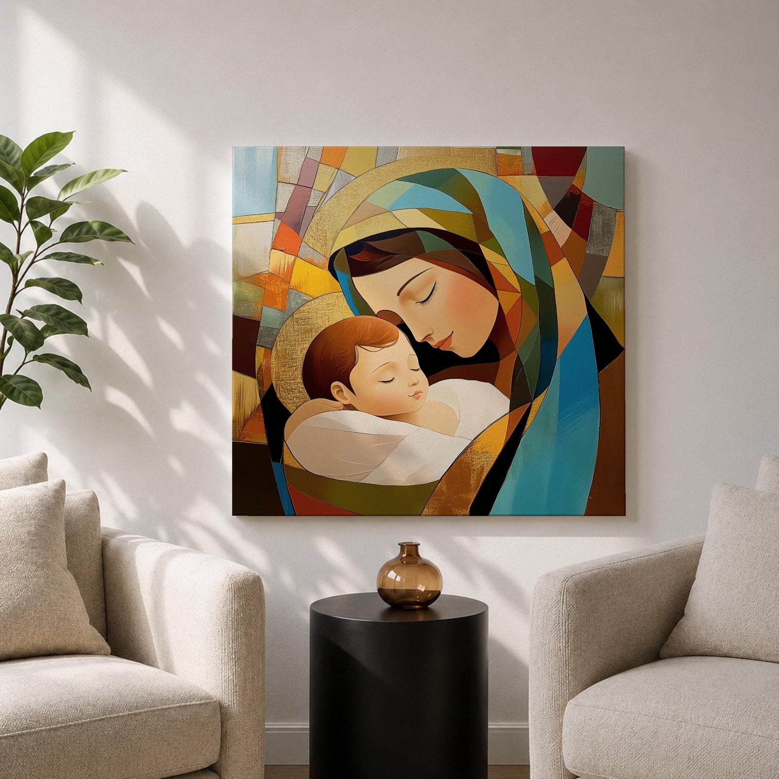 Virgin Mary Wall Art Madonna and Child Framed Canvas Stained Glass Catholic Home Decor